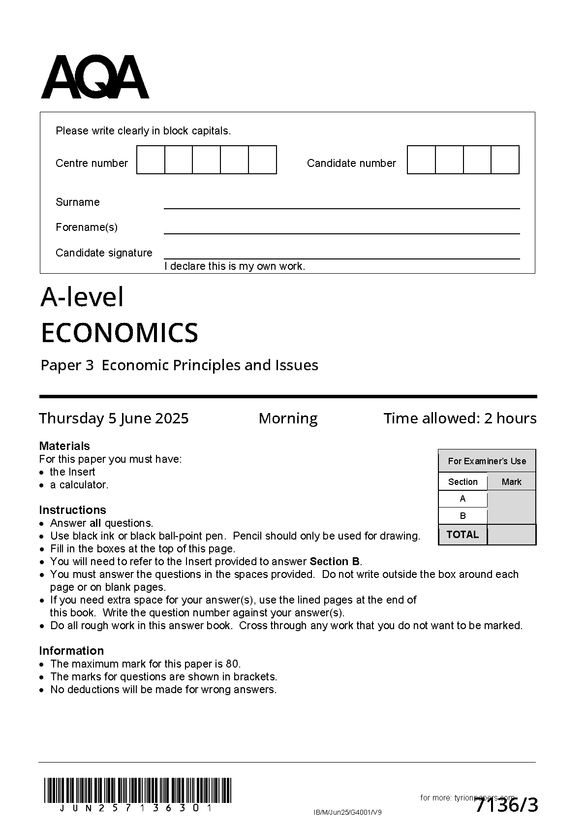 AQA A Level Economics Paper 3 2025 Question Paper PDF