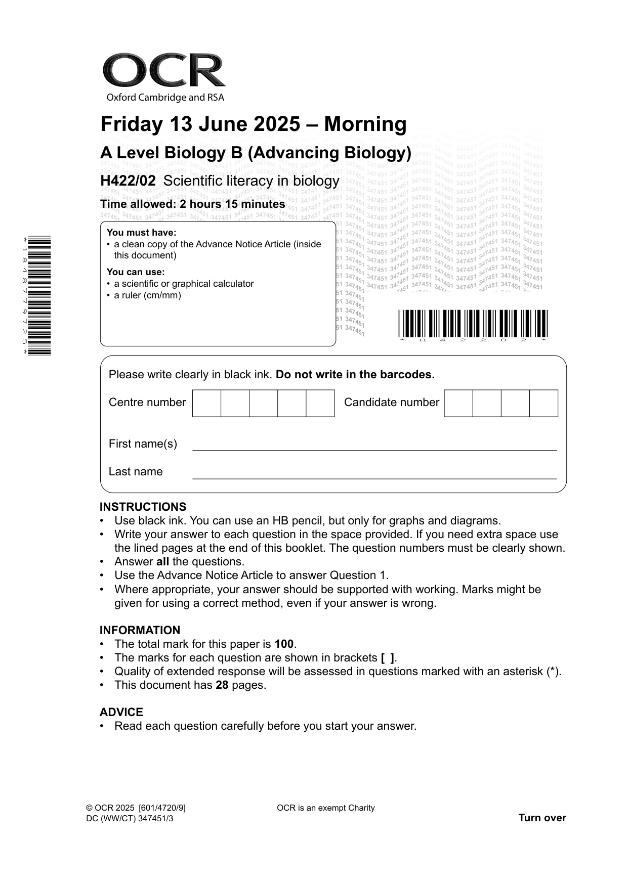 OCR A Level Biology B Paper 2 2025 Question Paper