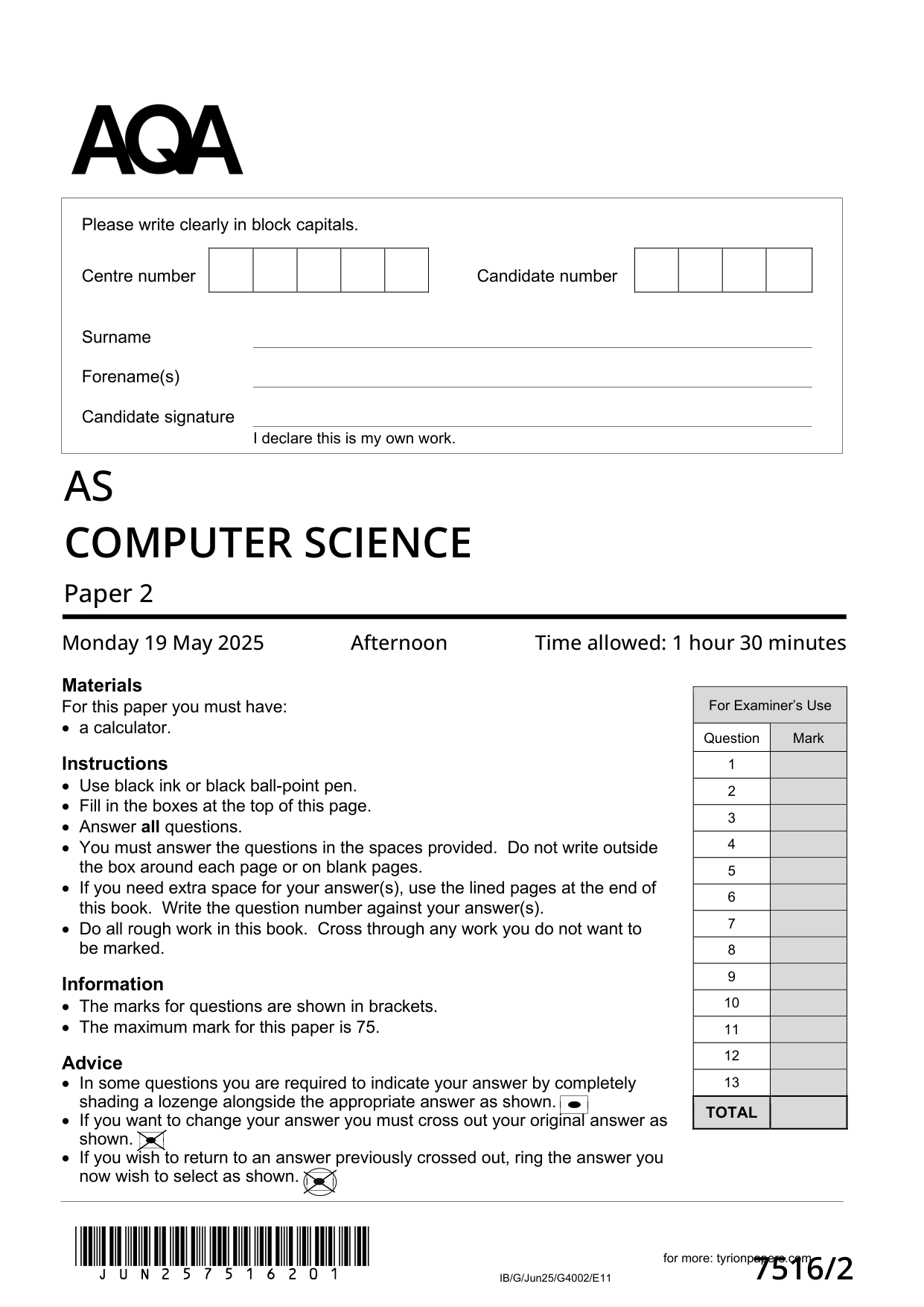 AQA AS Computer Science Paper 2 2025 Question Paper