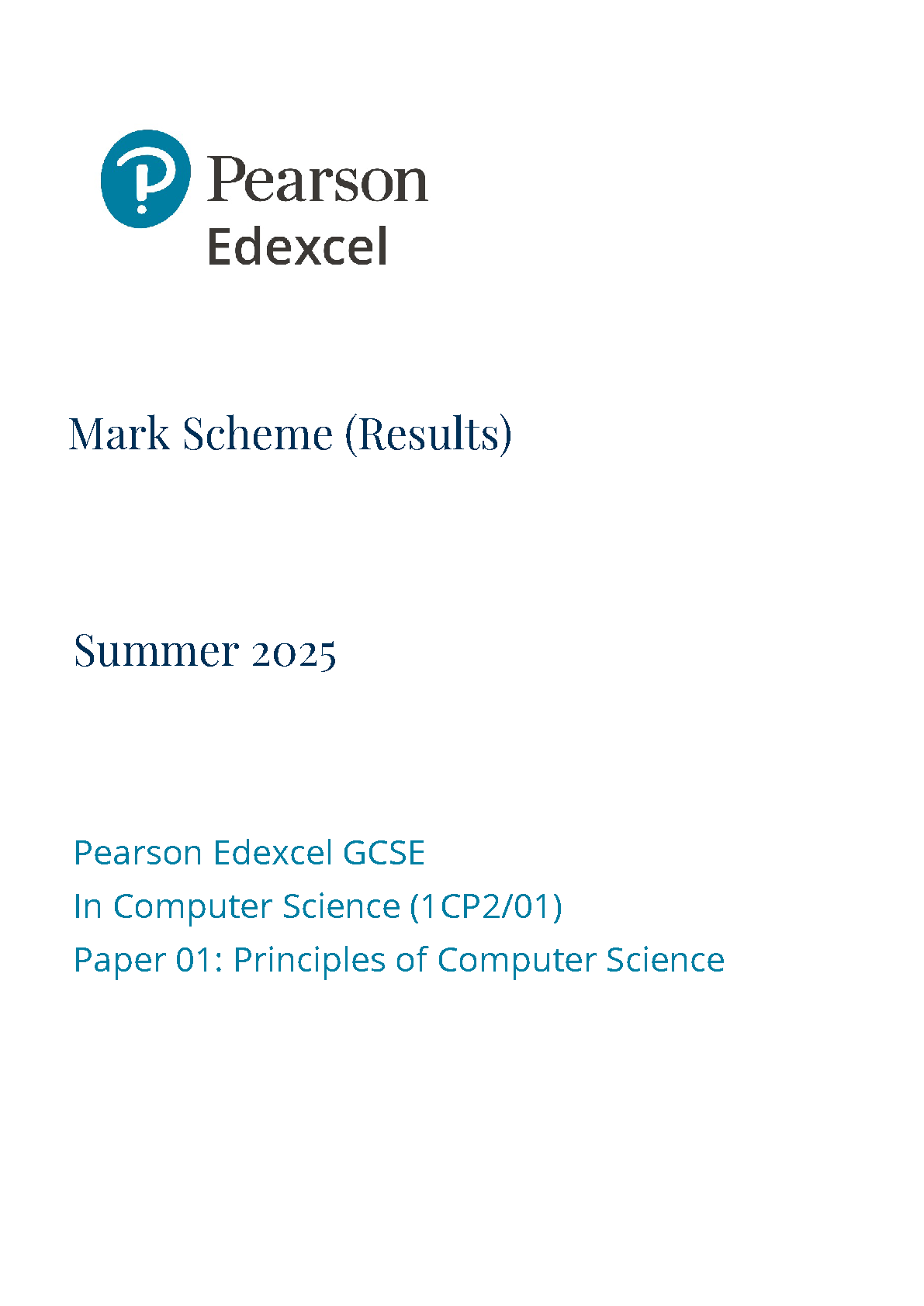 Pearson Edexcel GCSE Computer Science Paper 1 2025 M S