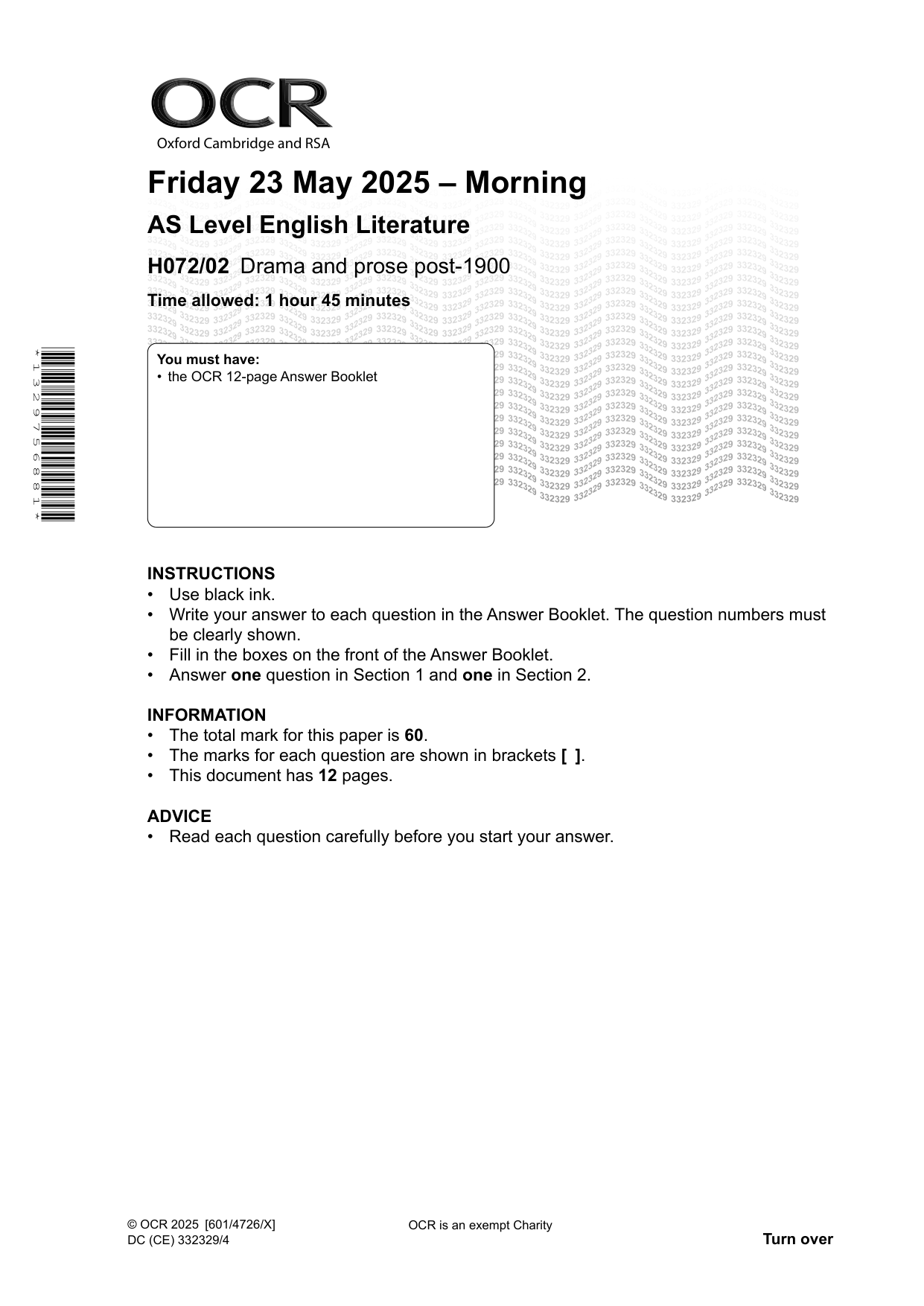 OCR AS English Literature Paper 2 2025 Question Paper