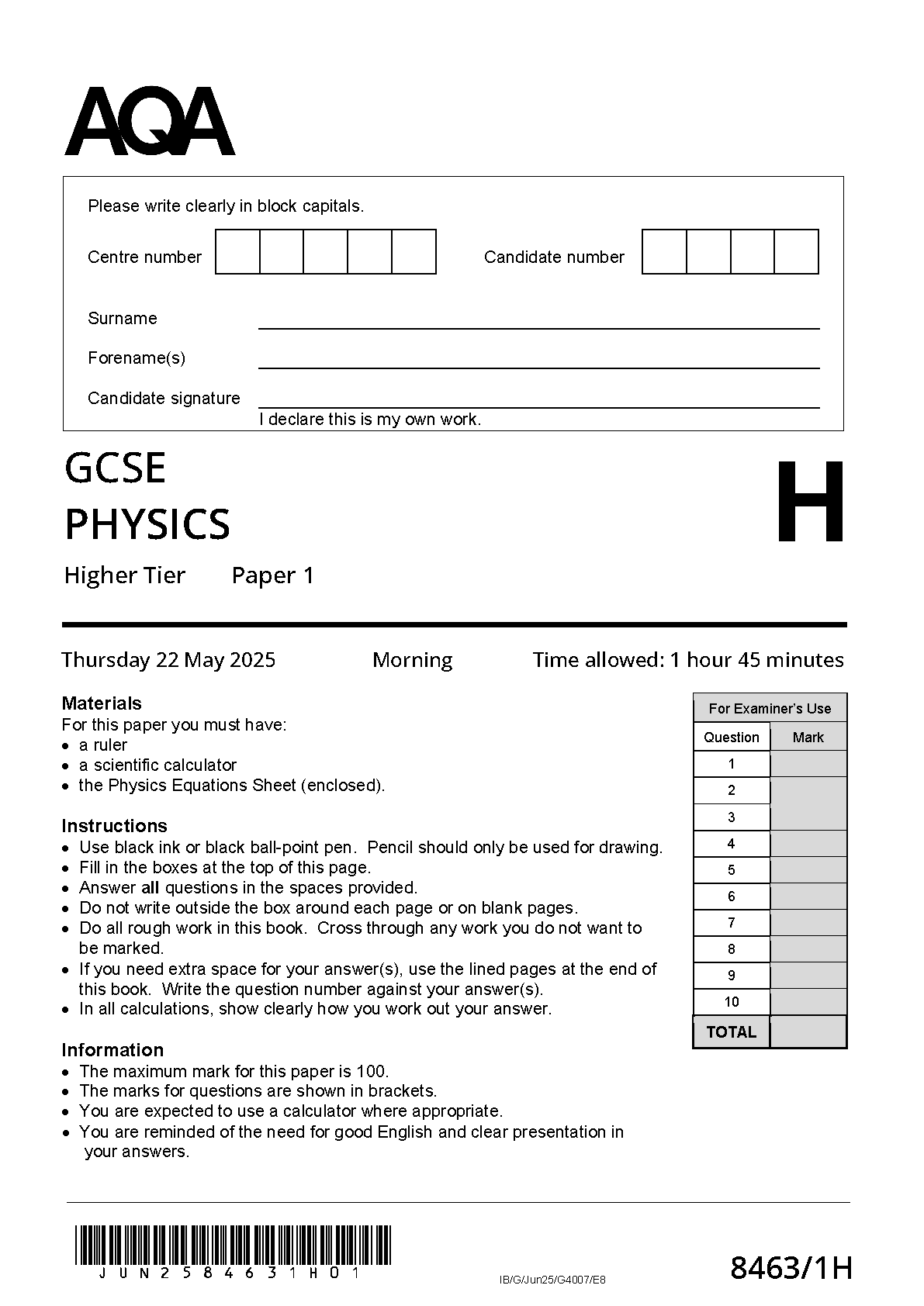 AQA GCSE Physics 1 Triple Science  2025 Question Paper PDF IMG-1