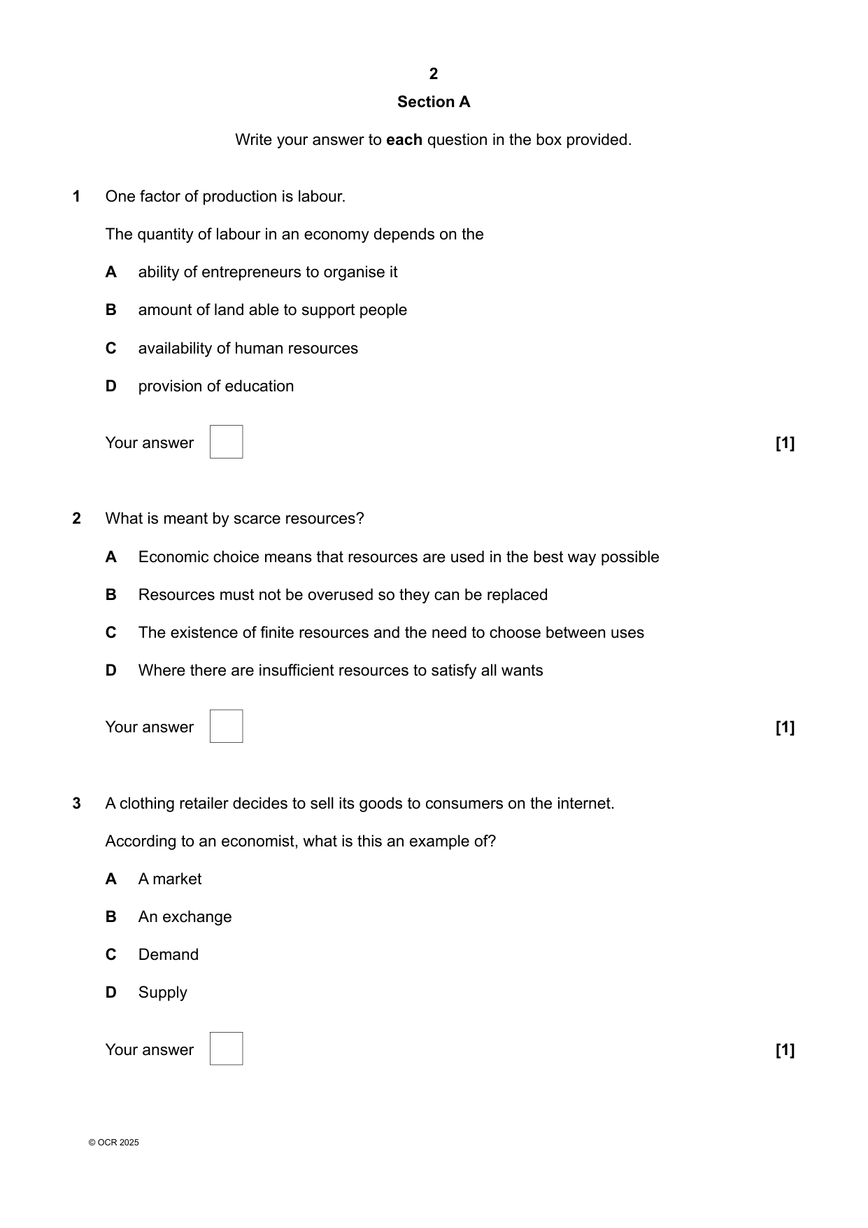 OCR GCSE Economics Paper 1 2025 Question Paper