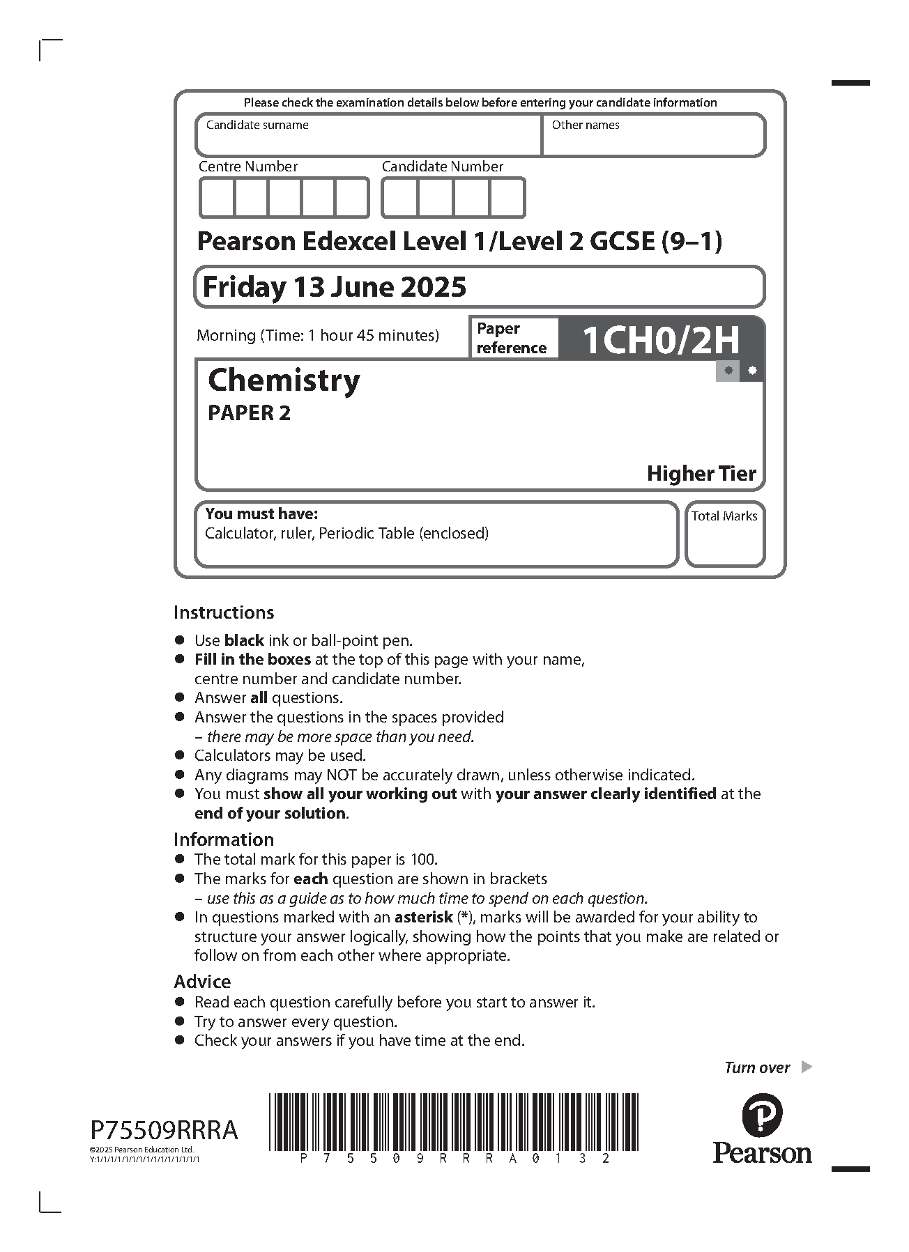 Pearson Edexcel GCSE Chemistry Paper 2H 2025 Question Paper
