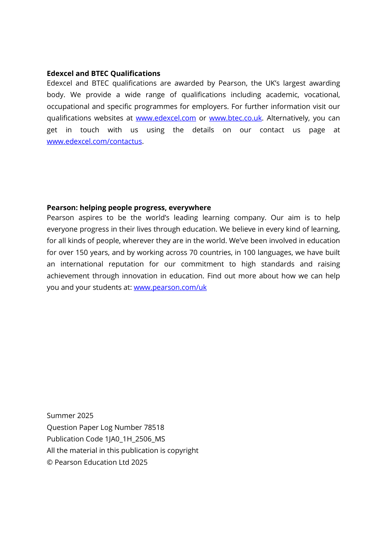 Pearson Edexcel GCSE Japanese Paper 1h 2025 Mark Scheme PDF