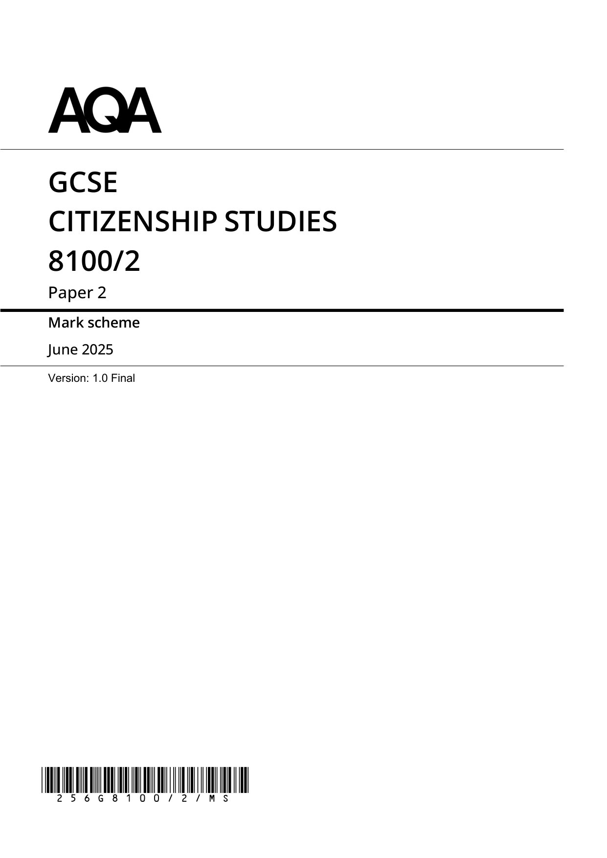 AQA GCSE Citizenship Studies Paper 2 2025 MS