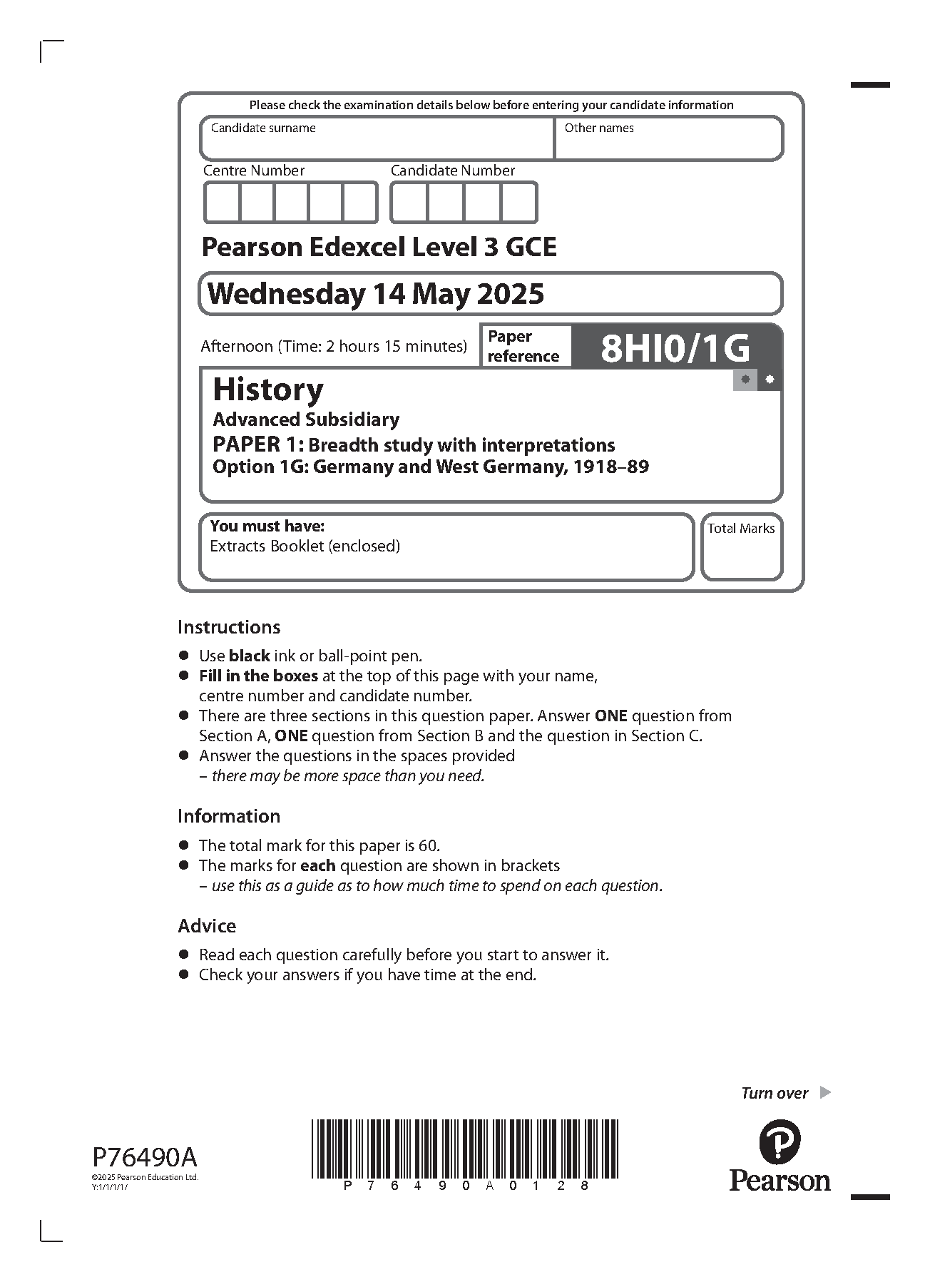 Pearson Edexcel AS History Paper 1G 2025 Question Paper PDF IMG-1