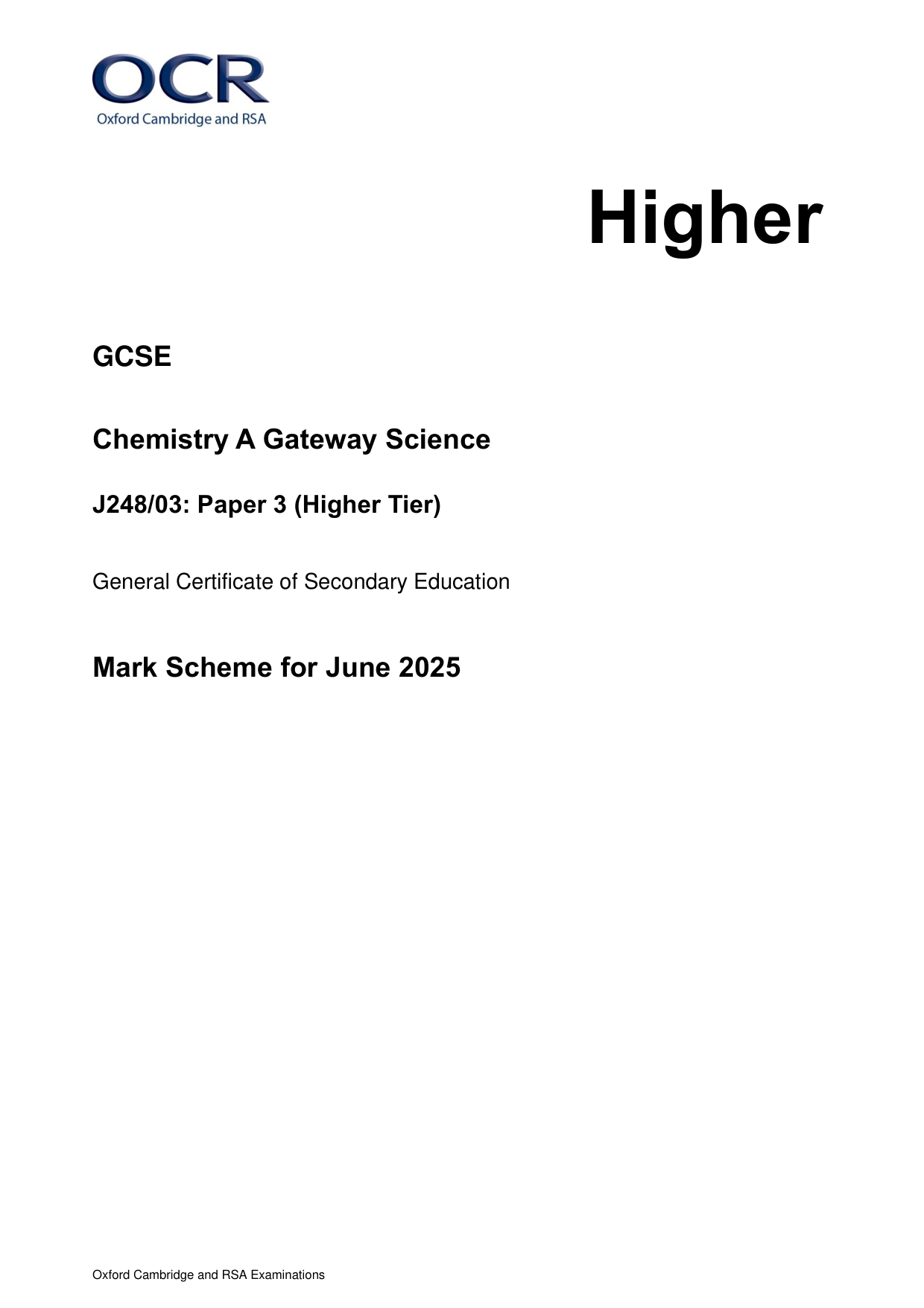 OCR GCSE Chemistry A Paper 2 2025 Mark Scheme