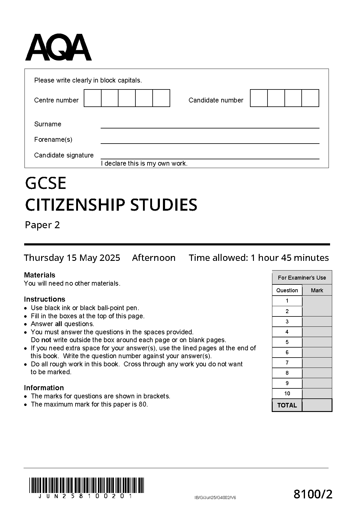 AQA GCSE Citizenship Studies Paper 2 2025 QP