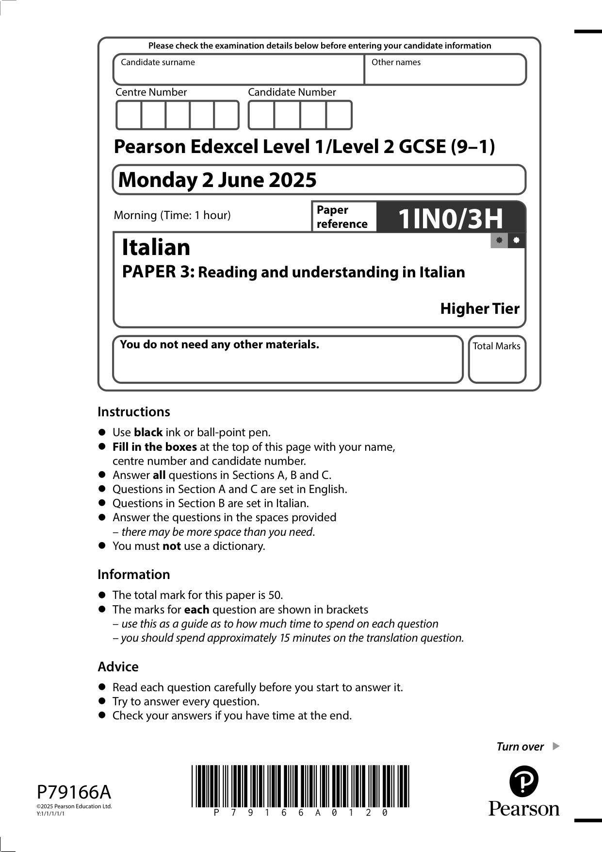 Pearson Edexcel GCSE Italian 2025 3H 2025 Question Paper