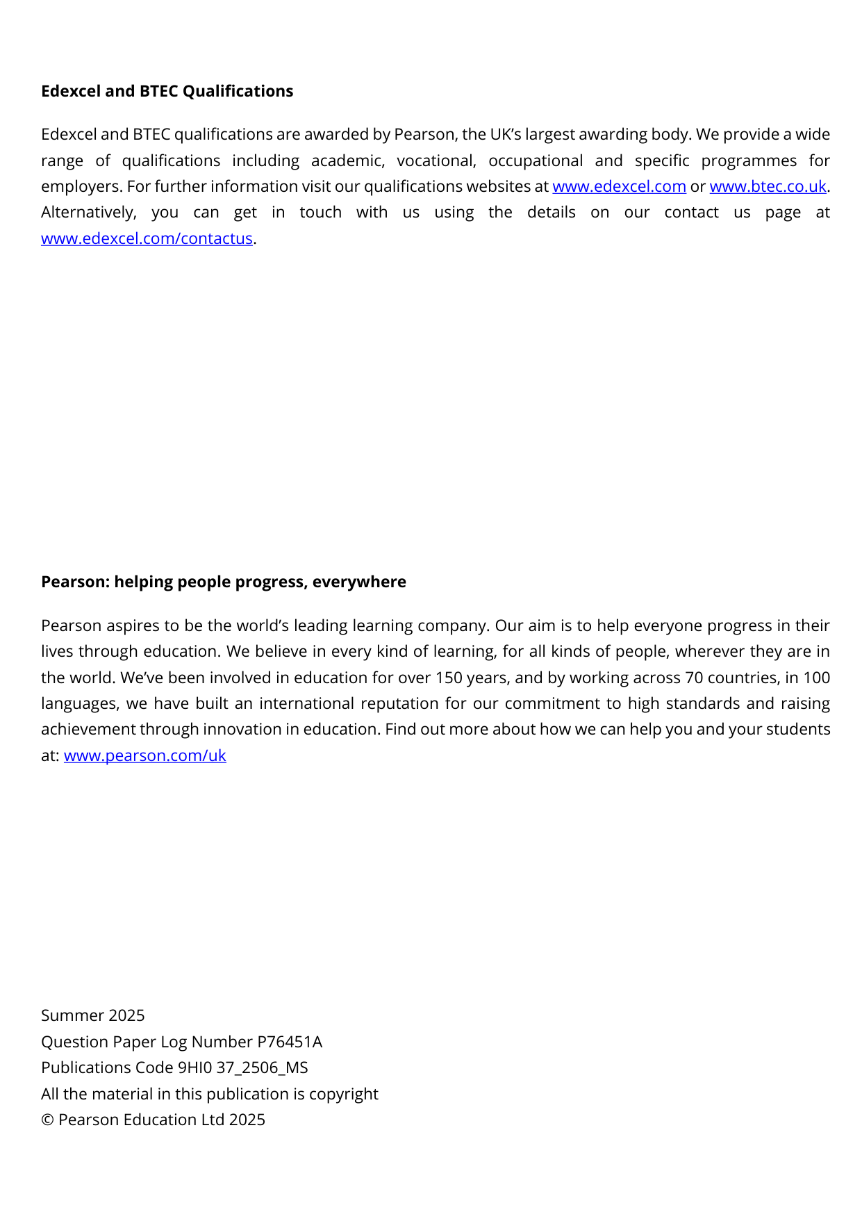 Pearson Edexcel A Level History Paper 37 2025 Mark Scheme