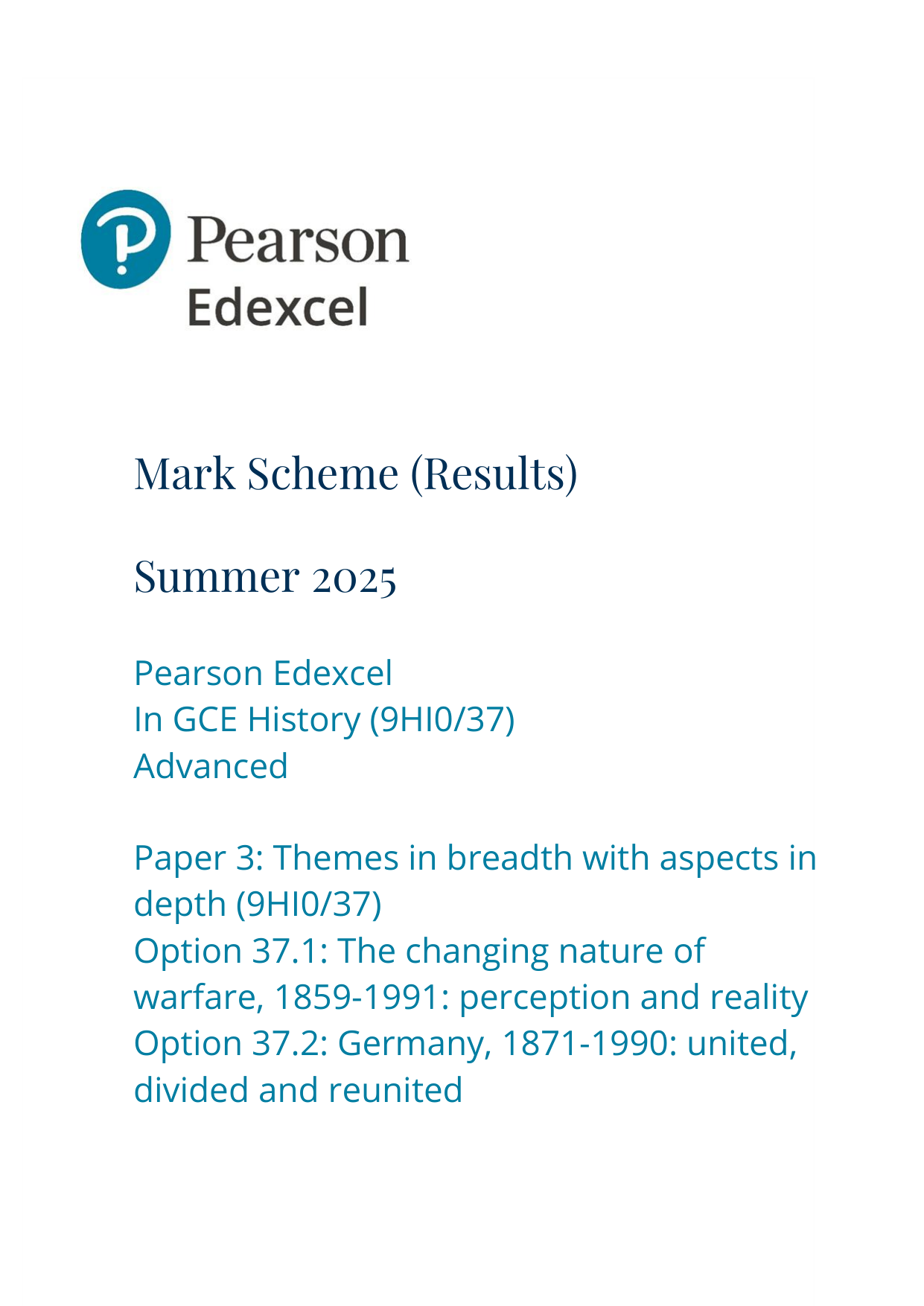 Pearson Edexcel A Level History Paper 37 2025 Mark Scheme