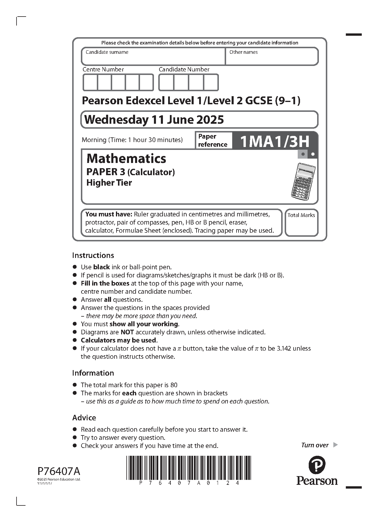 Pearson Edexcel GCSE Maths Paper 3H 2025 Question Paper PDF IMG-1
