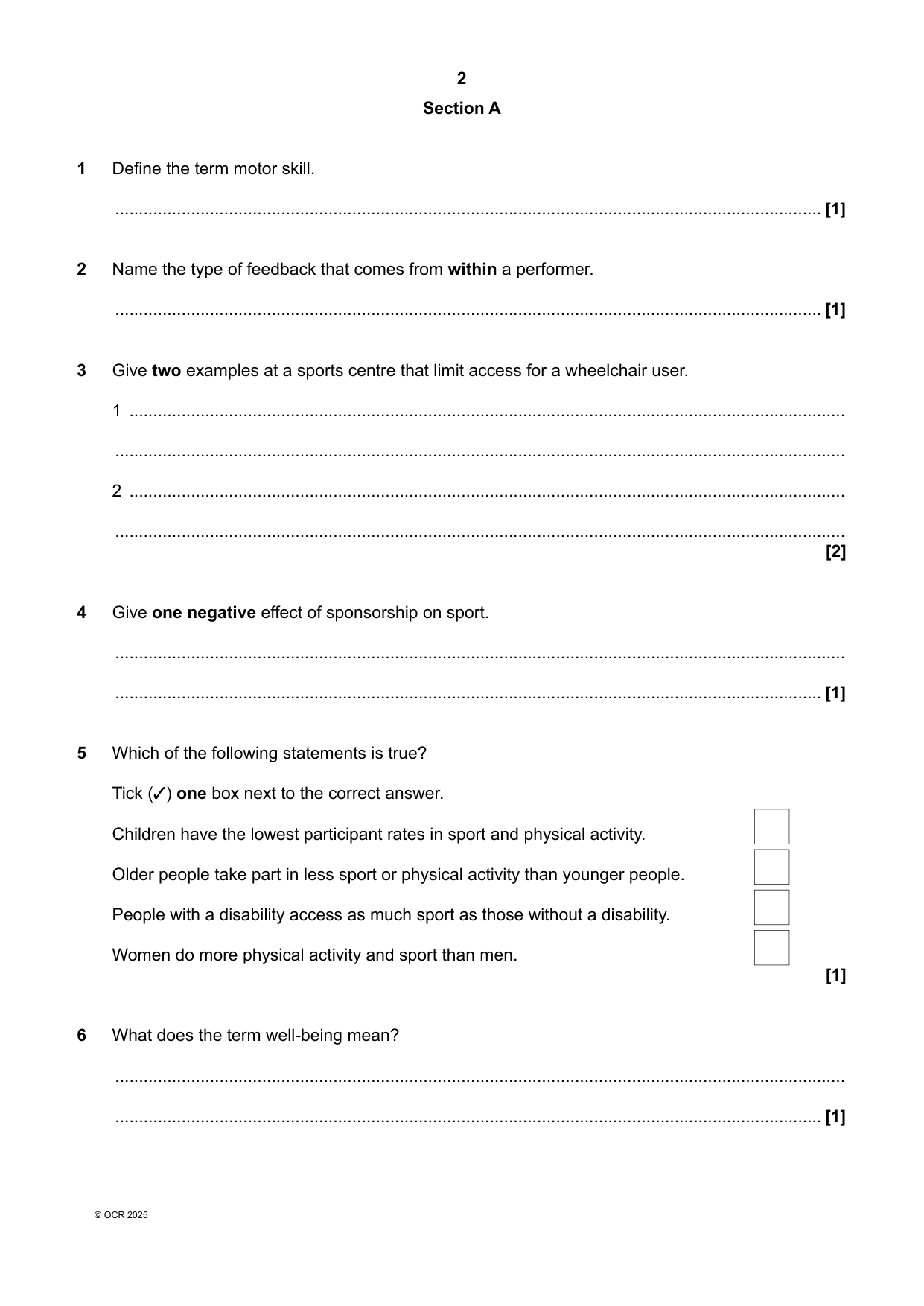 OCR GCSE Physical Education Paper 2 2025 Question Paper PDF