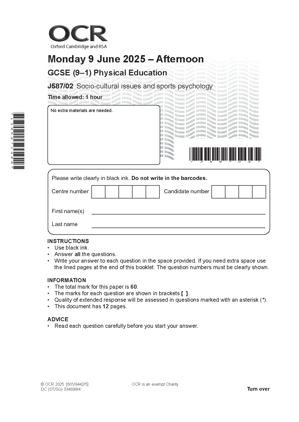 OCR GCSE Physical Education Paper 2 2025 Question Paper PDF
