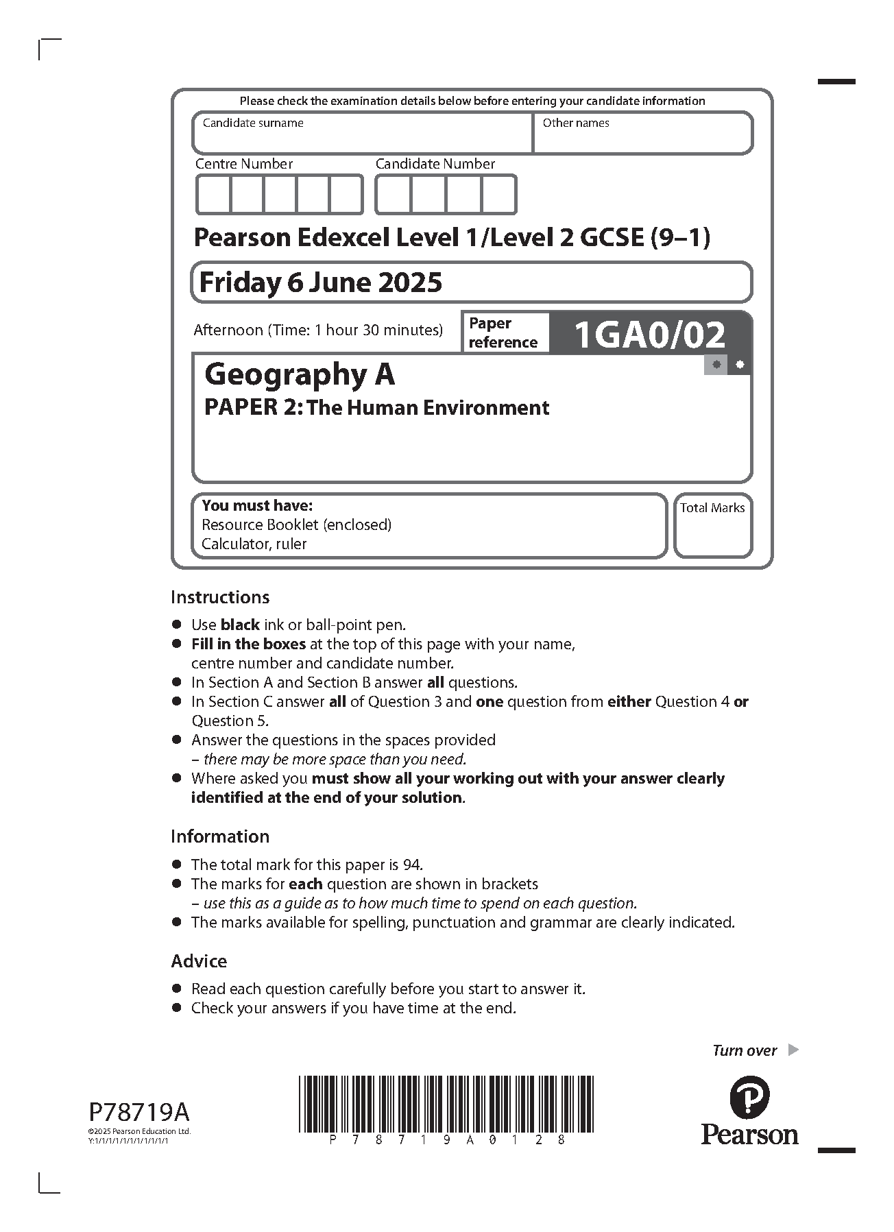 Pearson Edexcel GCSE Geography A Paper 2 2025 Paper PDF