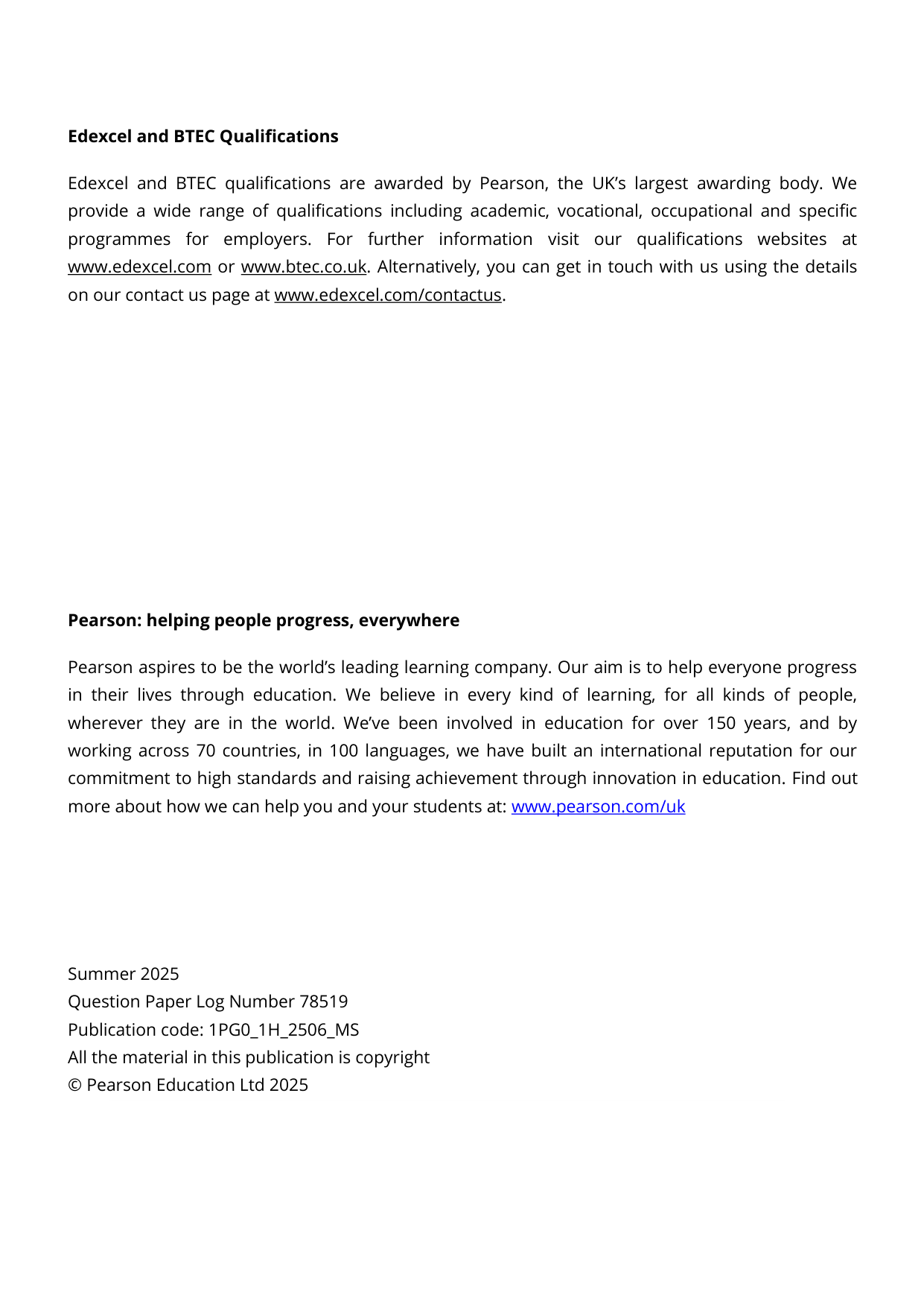 Pearson Edexcel GCSE Portuguese Paper 1h 2025 Mark Scheme