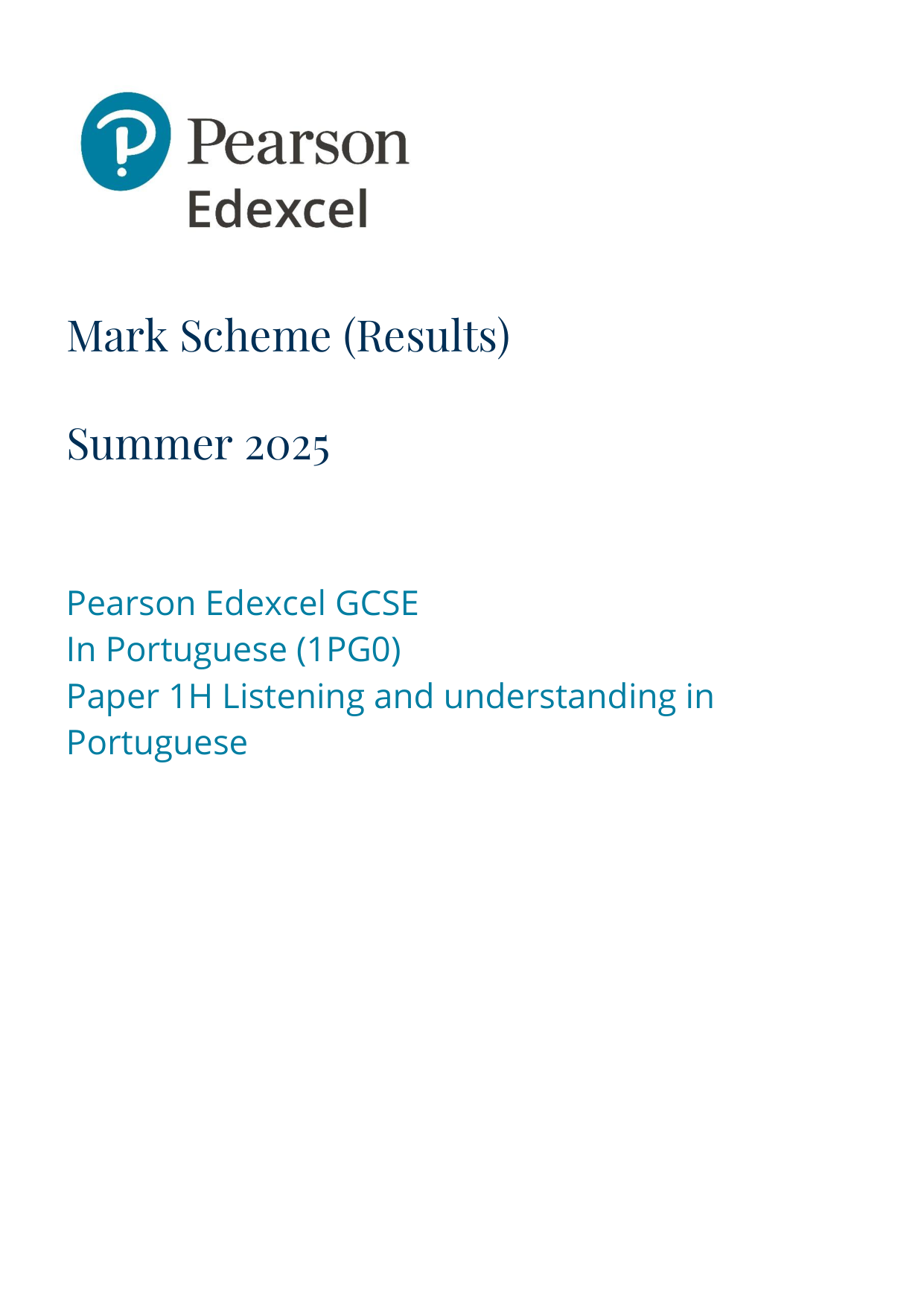 Pearson Edexcel GCSE Portuguese Paper 1h 2025 Mark Scheme