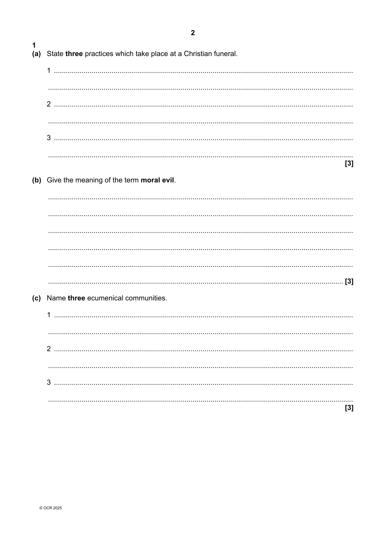 OCR GCSE Religious Studies Paper 1  2025 QP PDF