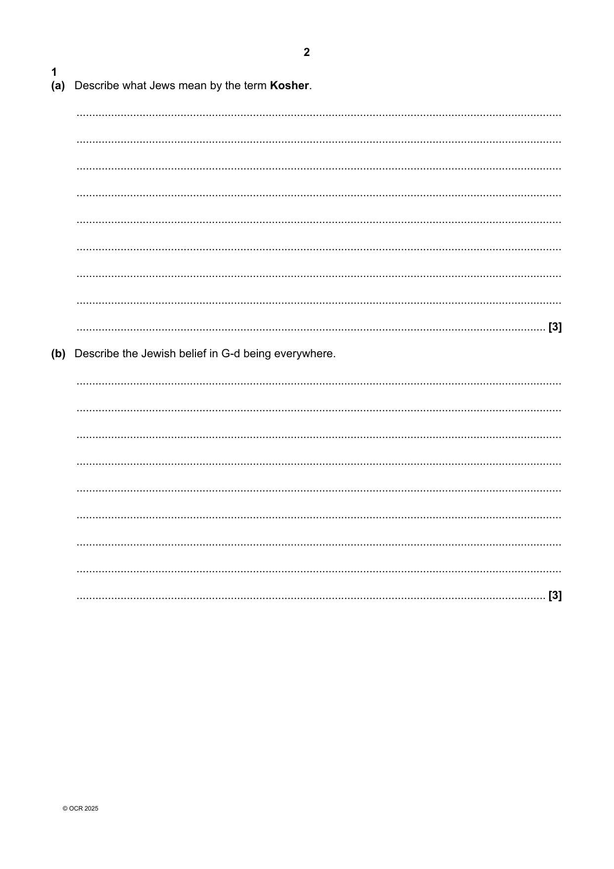 OCR GCSE Religious Studies Paper 3  2025 Question Paper PDF
