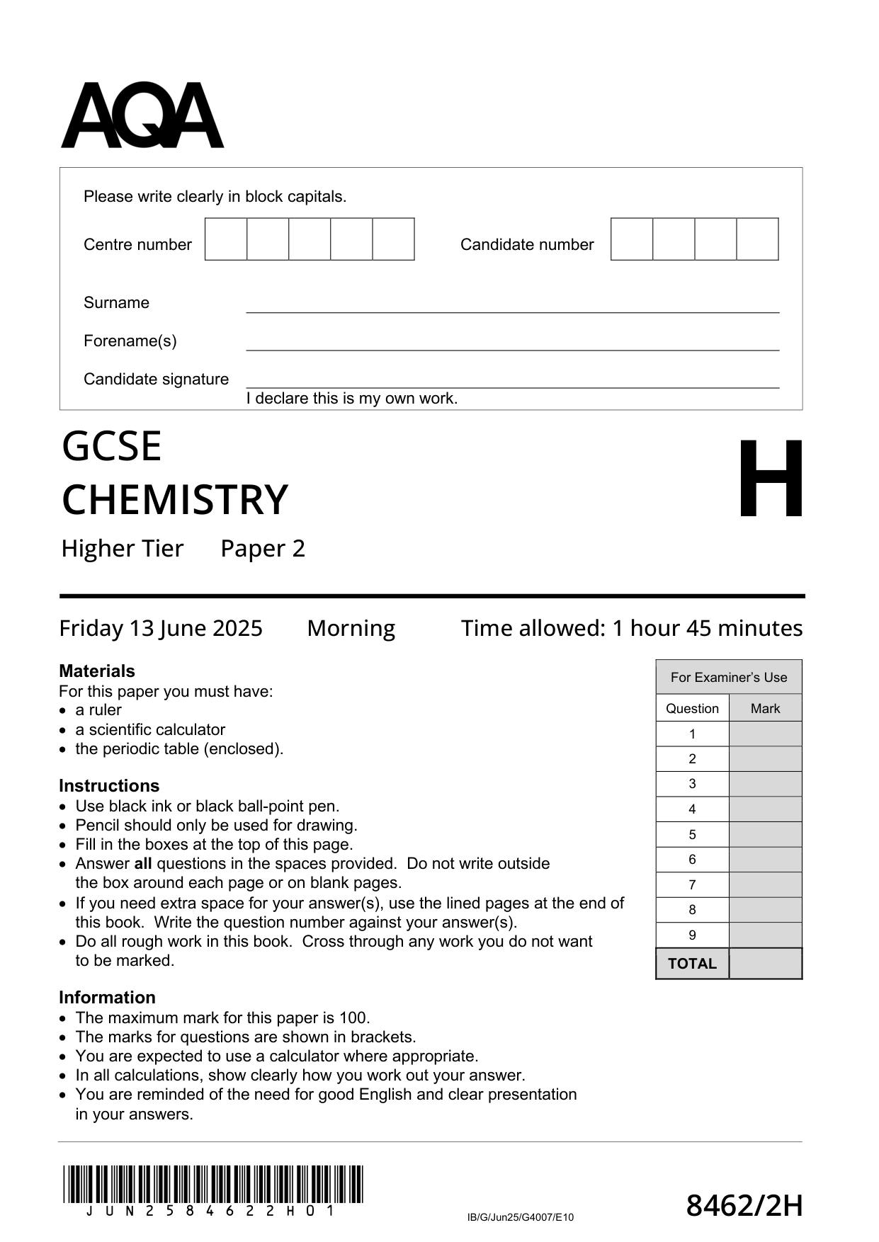 AQA GCSE Chemistry 2H 2025 Question Paper PDF