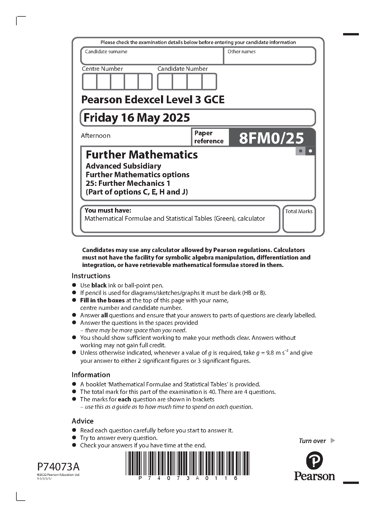 Pearson Edexcel AS Further Mathematics Paper 25 2025 QP