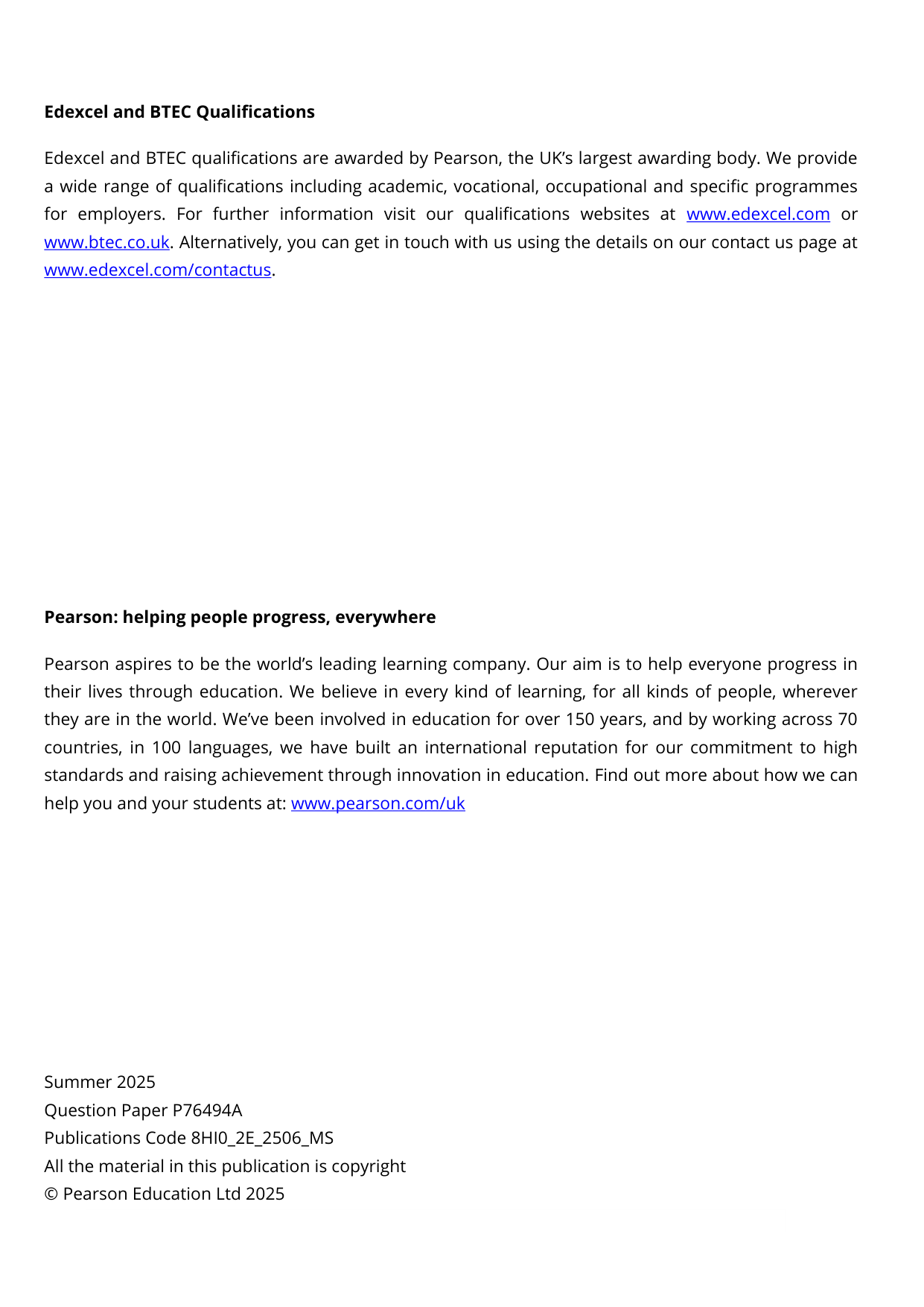 Pearson Edexcel AS History Paper 2E 2025 Mark Scheme PDF