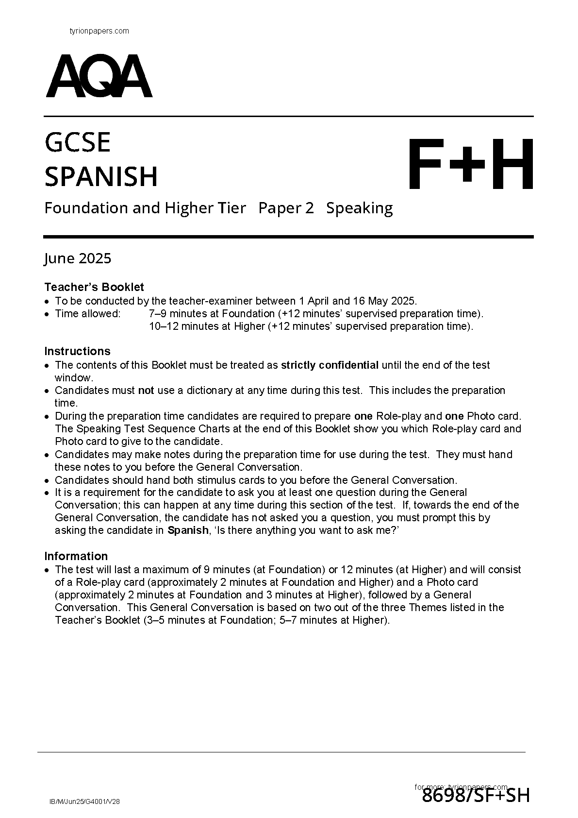 AQA GCSE Spanish Paper 2 2025 Speaking Booklet IMG-1