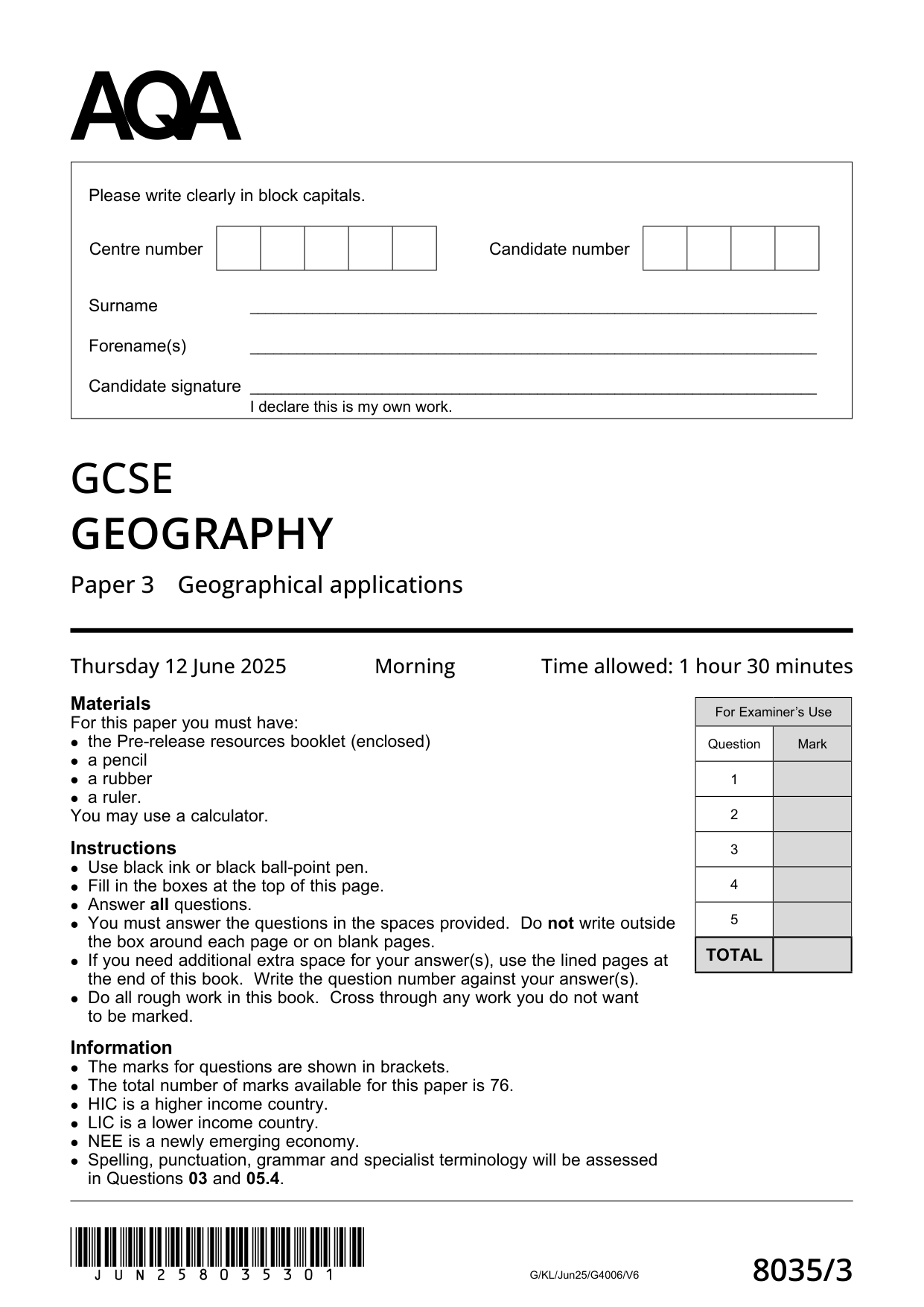 AQA GCSE Geography Paper 3 2025 Question Paper