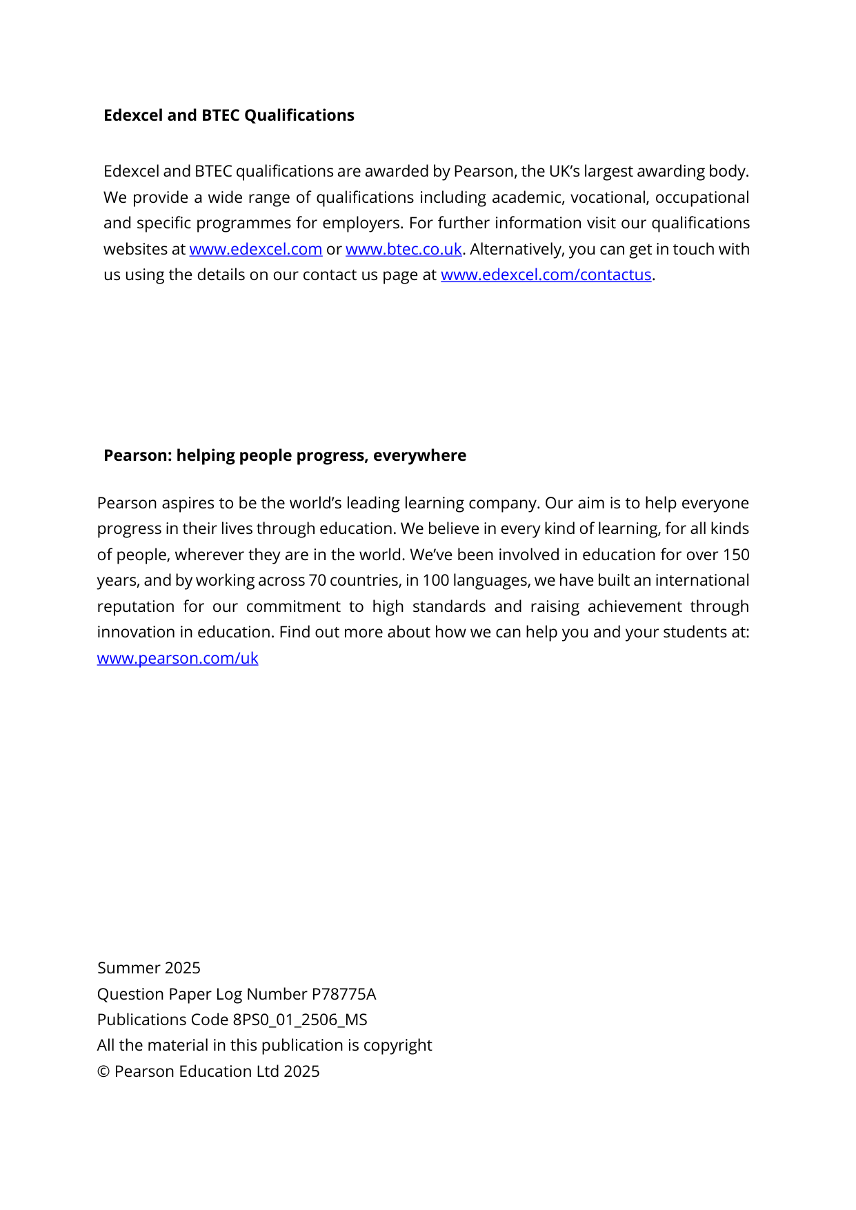 Pearson Edexcel AS Psychology Paper 1 2025 Mark scheme