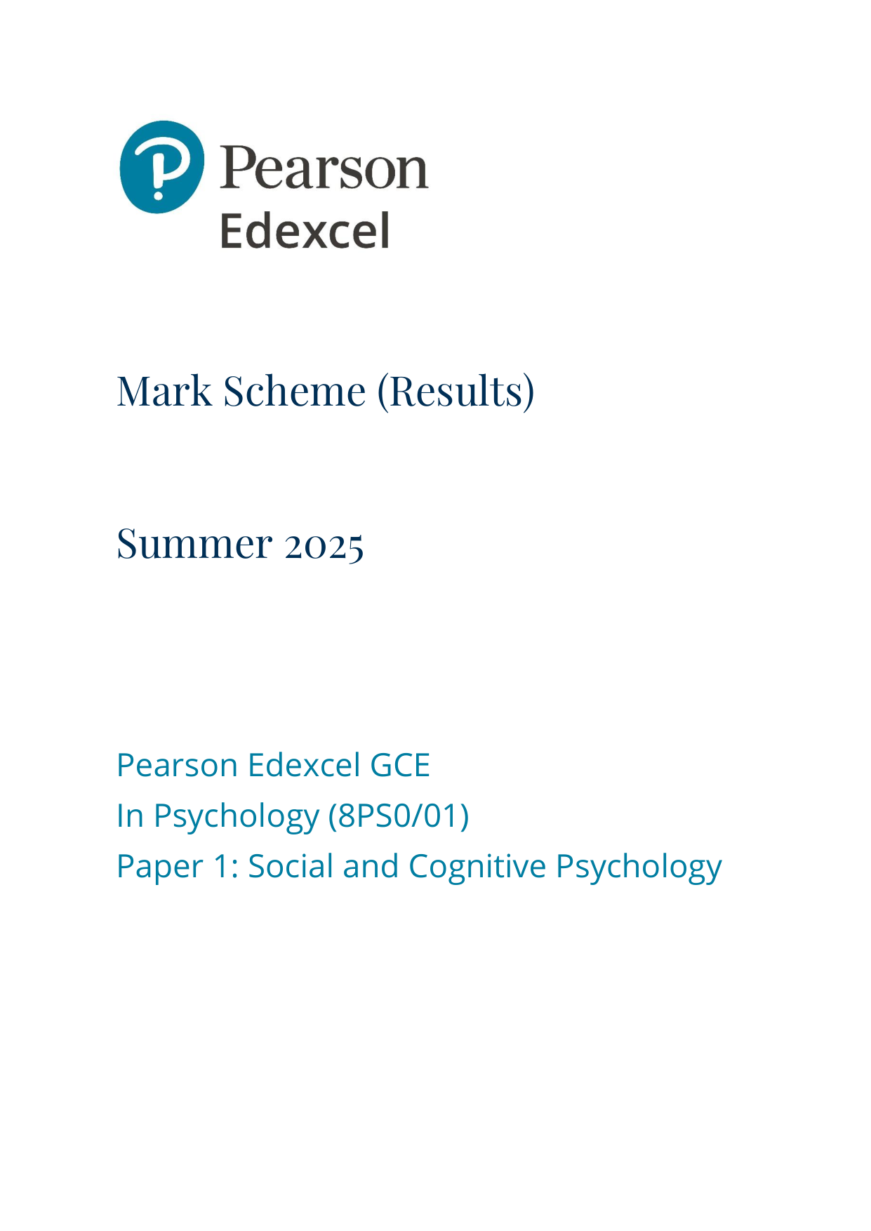 Pearson Edexcel AS Psychology Paper 1 2025 Mark scheme