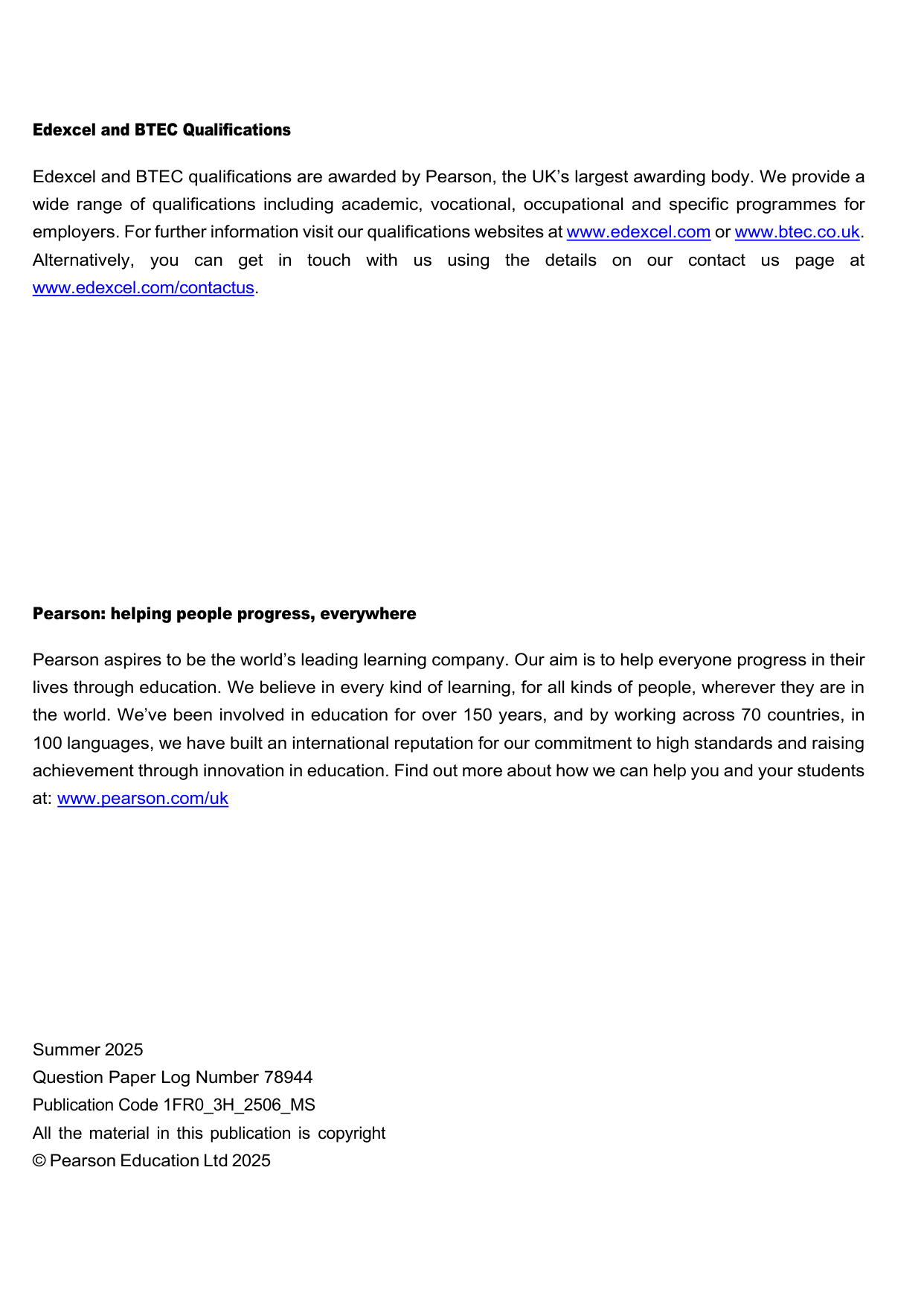 Pearson Edexcel GCSE French 2025 Paper 3h Mark Scheme PDF