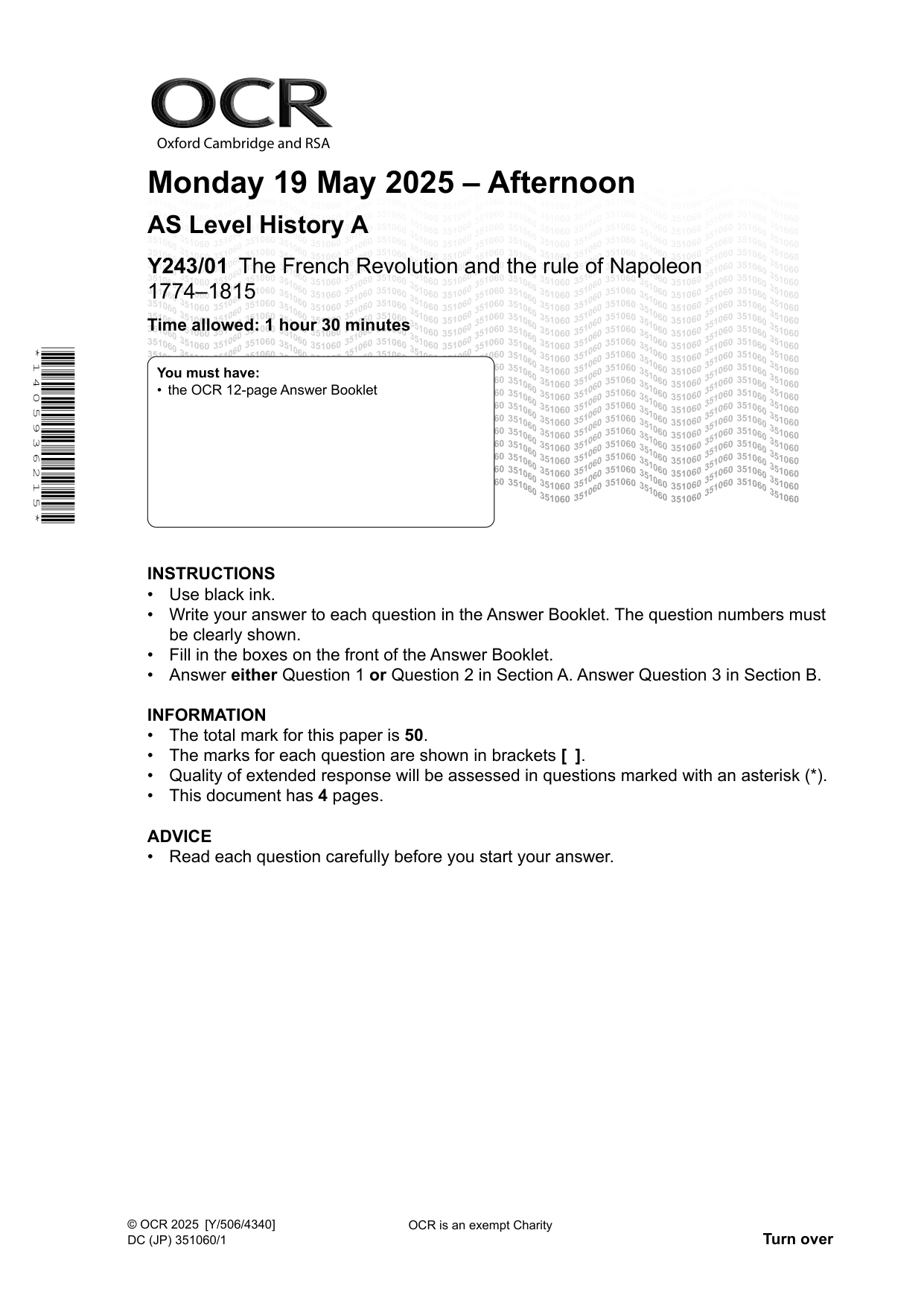 OCR AS Level History A French Revolution 2025 Question Paper