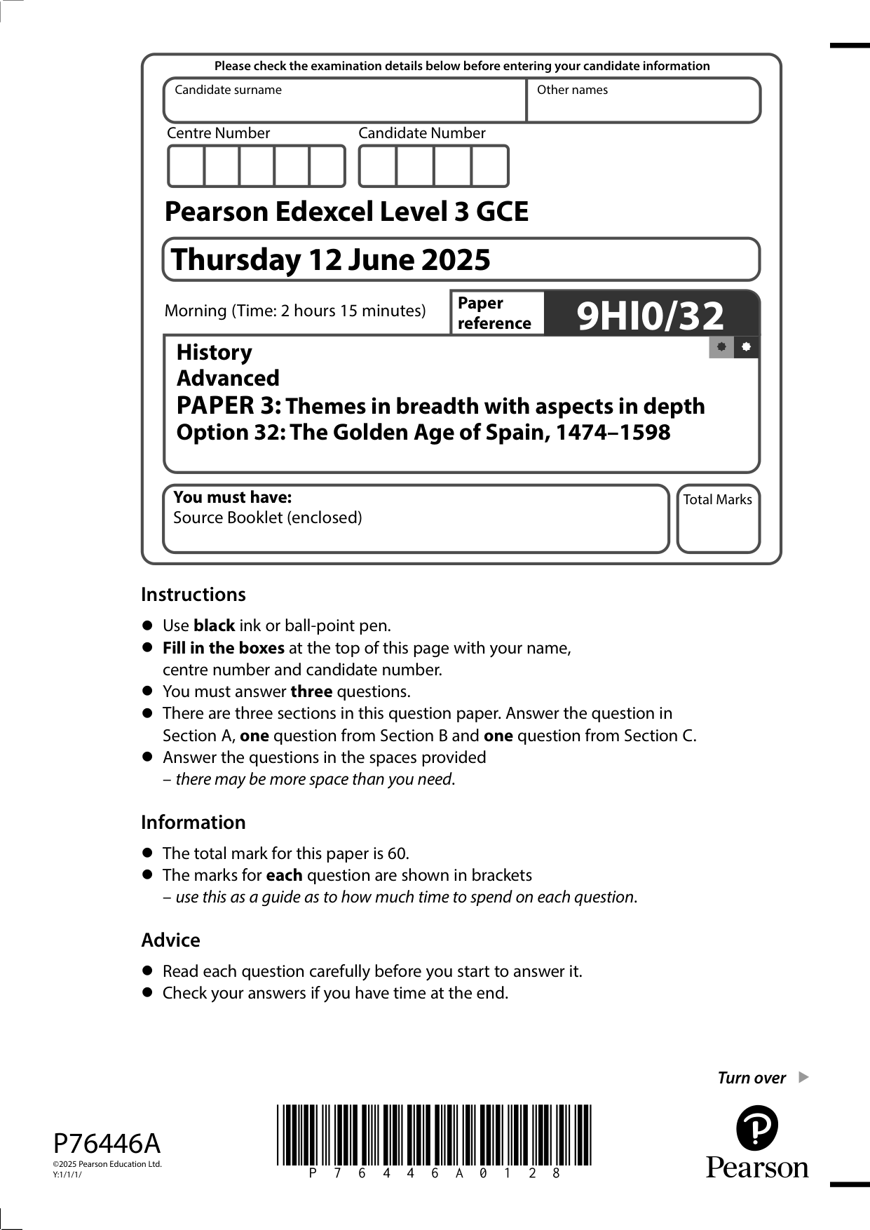 Pearson Edexcel A Level History Paper 32 2025 QP PDF