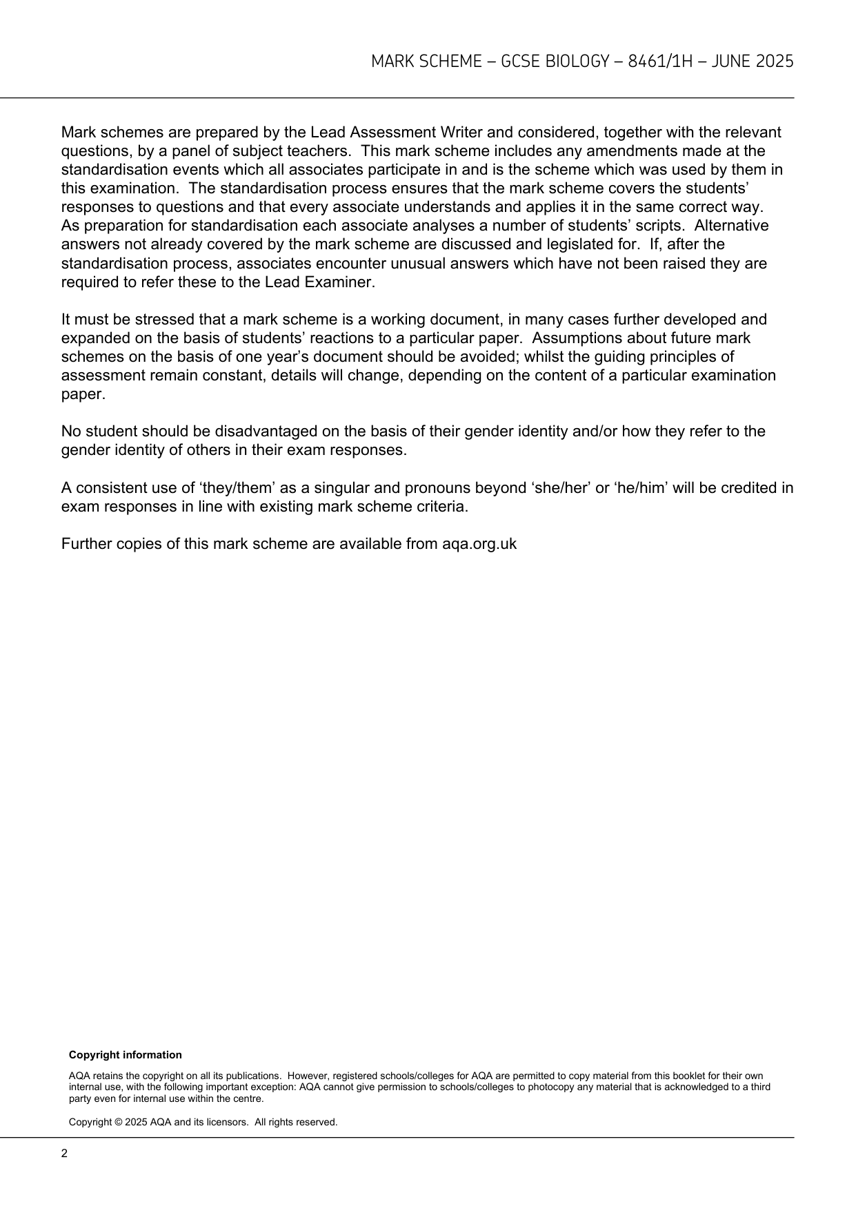 AQA GCSE Biology Paper 1 2025 Mark Scheme