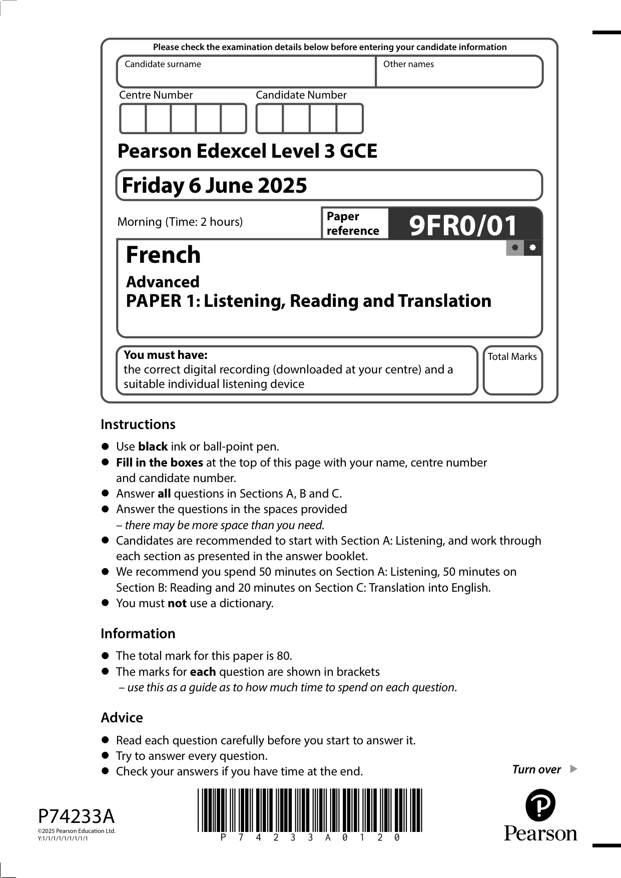 Pearson Edexcel A Level French 2025 Paper 1 QP PDF