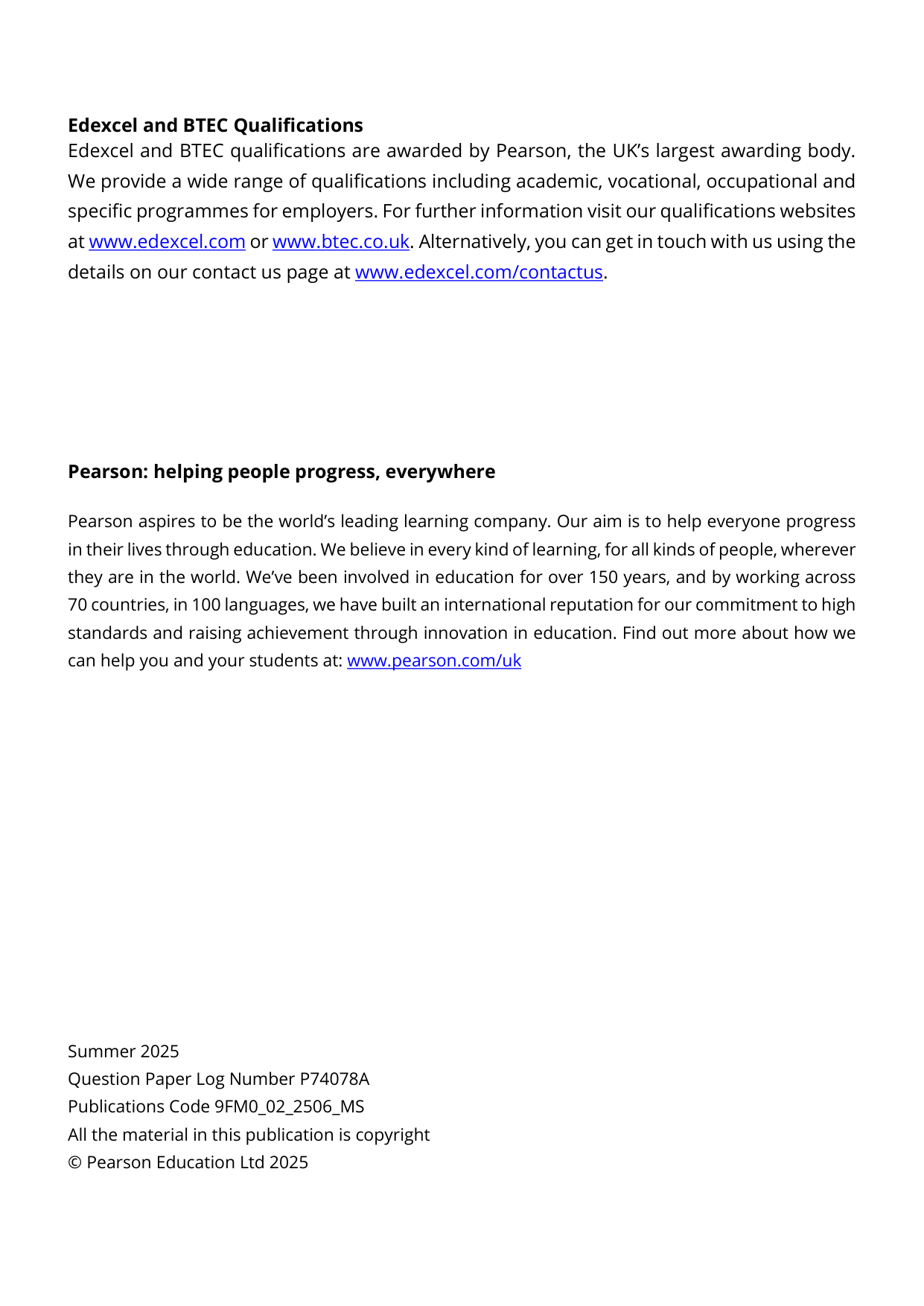 Pearson Edexcel A Level Further Mathematics 2025 Paper 2 MS