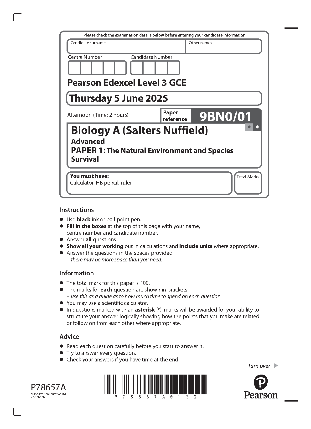 Pearson Edexcel A Level Biology Paper 1 2025 Question Paper
