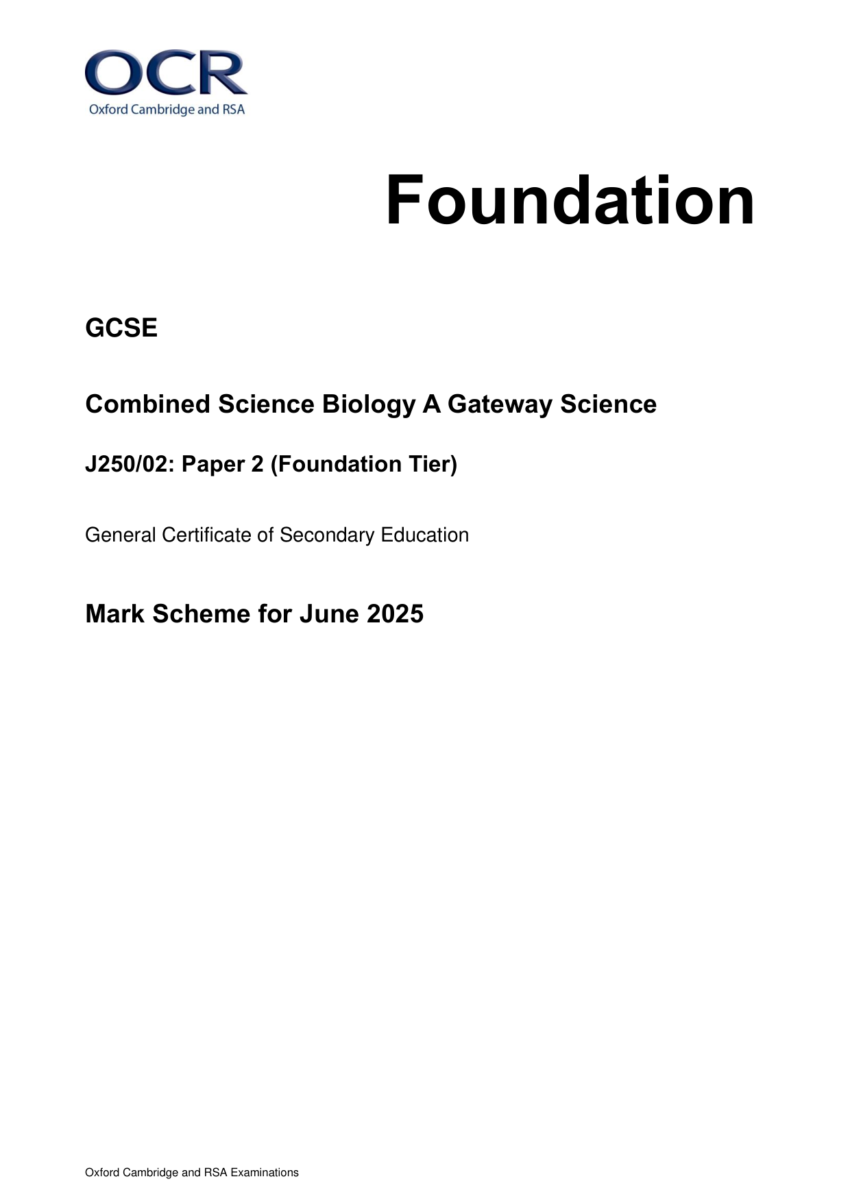 OCR GCSE Combined Science Biology A Gateway Paper 2 2025 MS