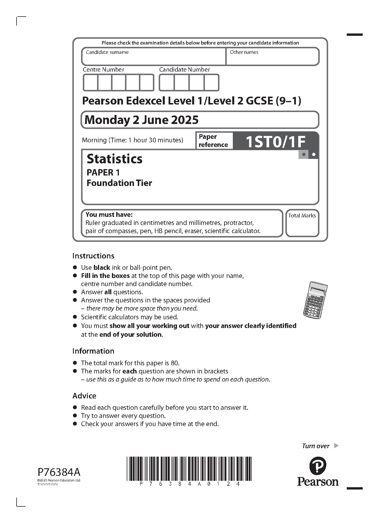 Pearson Edexcel GCSE Statistics Paper 1F 2025 Question Paper