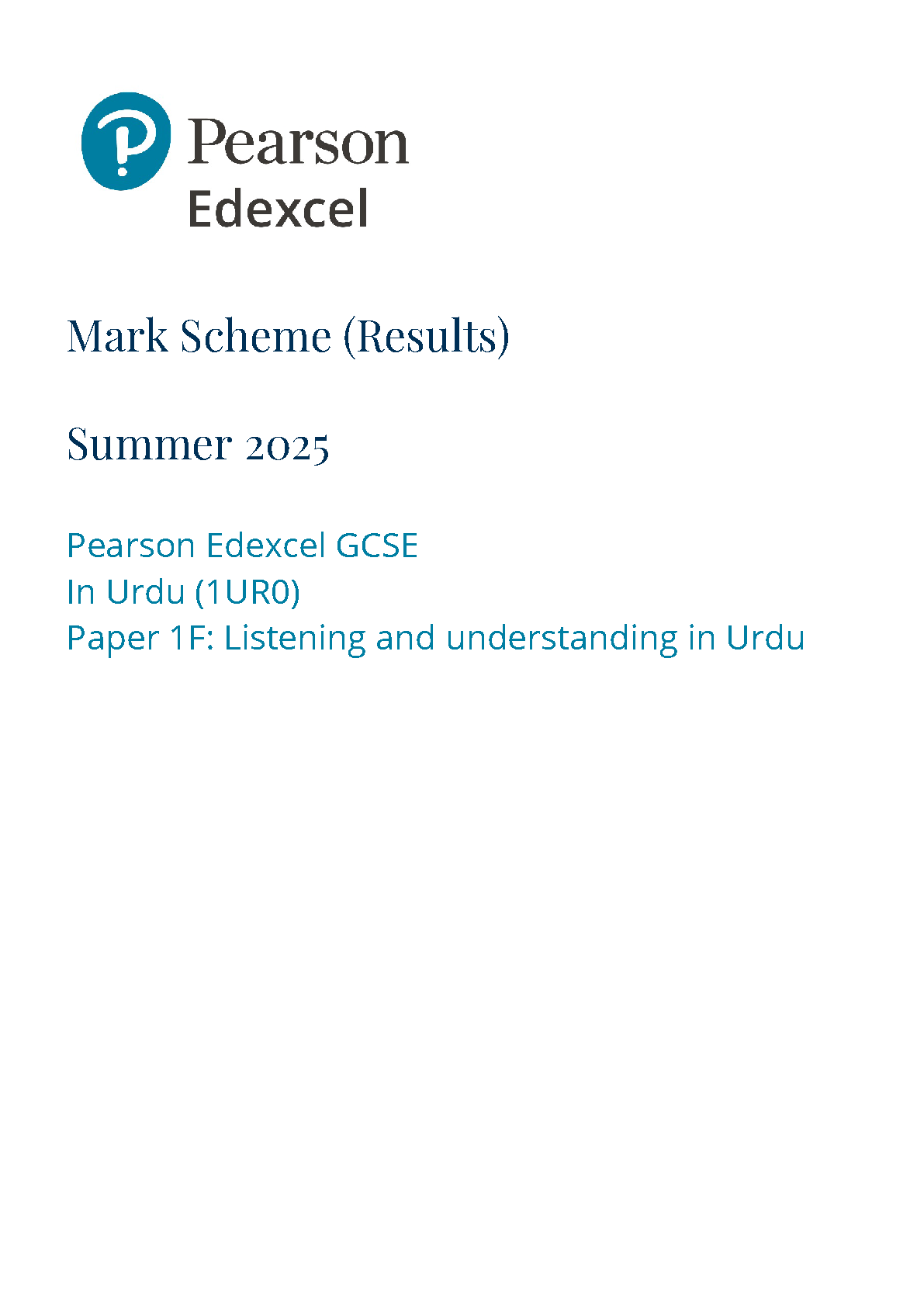 Pearson Edexcel GCSE Urdu Paper 1f 2025 Mark Scheme IMG-1