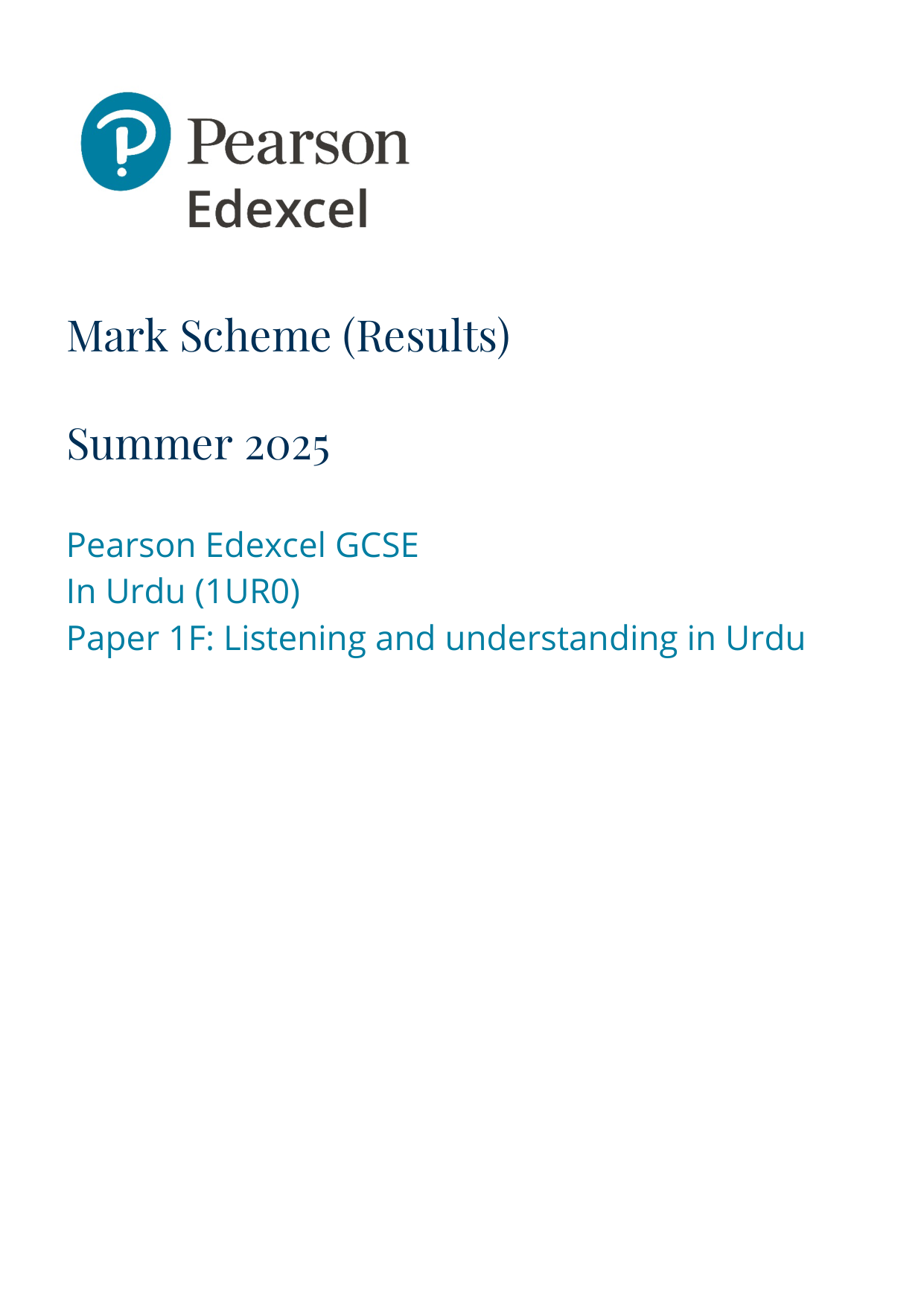 Pearson Edexcel GCSE Urdu Paper 1f 2025 Mark Scheme