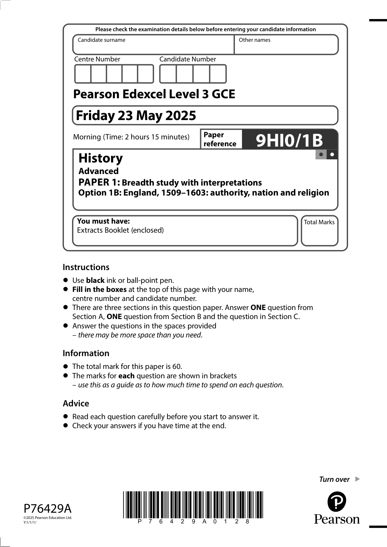 Pearson Edexcel A Level History Paper 1B 2025 QP PDF