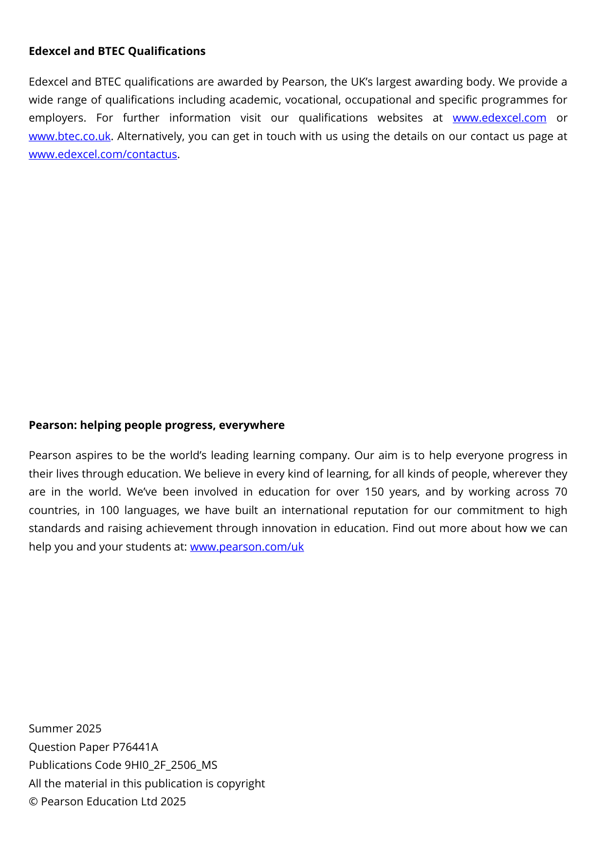 Pearson Edexcel A Level History Paper 2F 2025 Mark Scheme