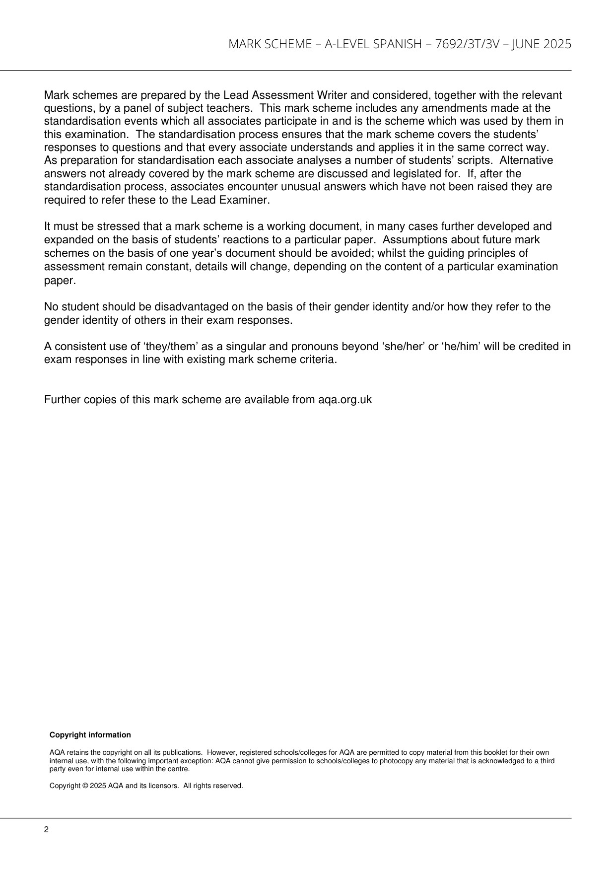 AQA A Level Spanish Paper 3 2025 Mark Scheme