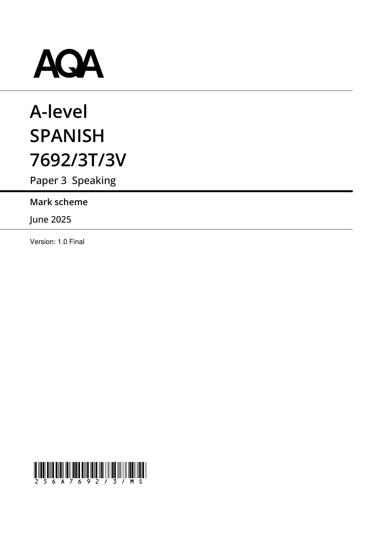 AQA A Level Spanish Paper 3 2025 Mark Scheme