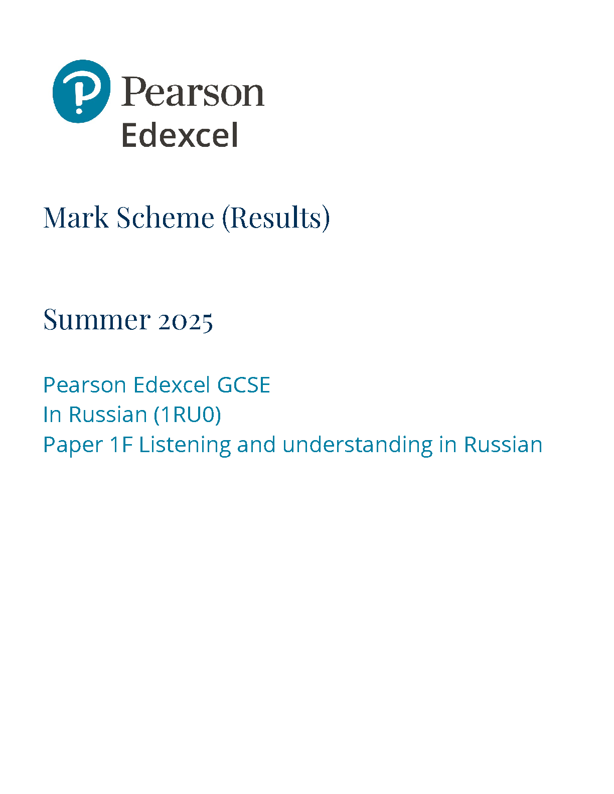 Pearson Edexcel GCSE Russian Paper 1F 2025 Mark Scheme IMG-1