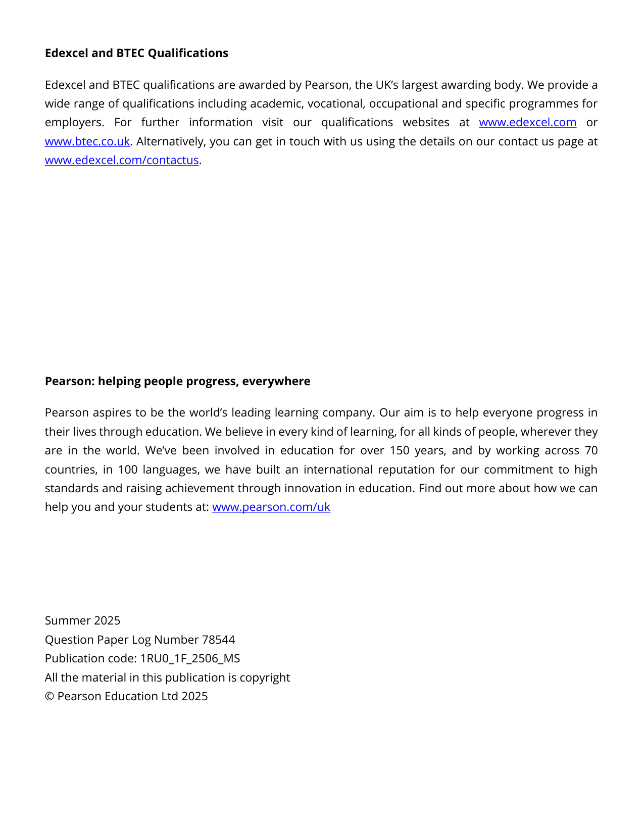 Pearson Edexcel GCSE Russian Paper 1F 2025 Mark Scheme