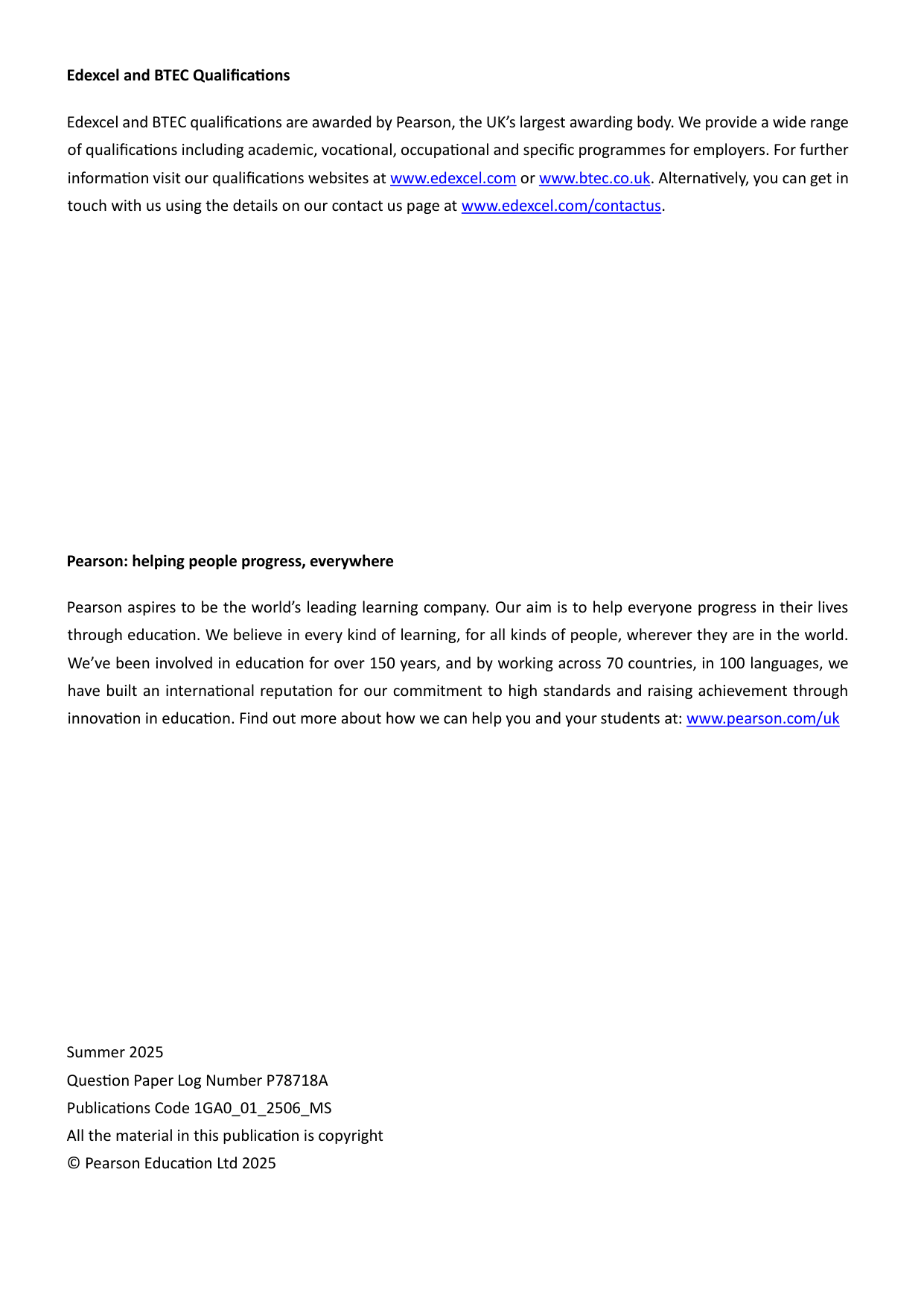 Pearson Edexcel GCSE Geography A Paper 1 2025 Mark Scheme
