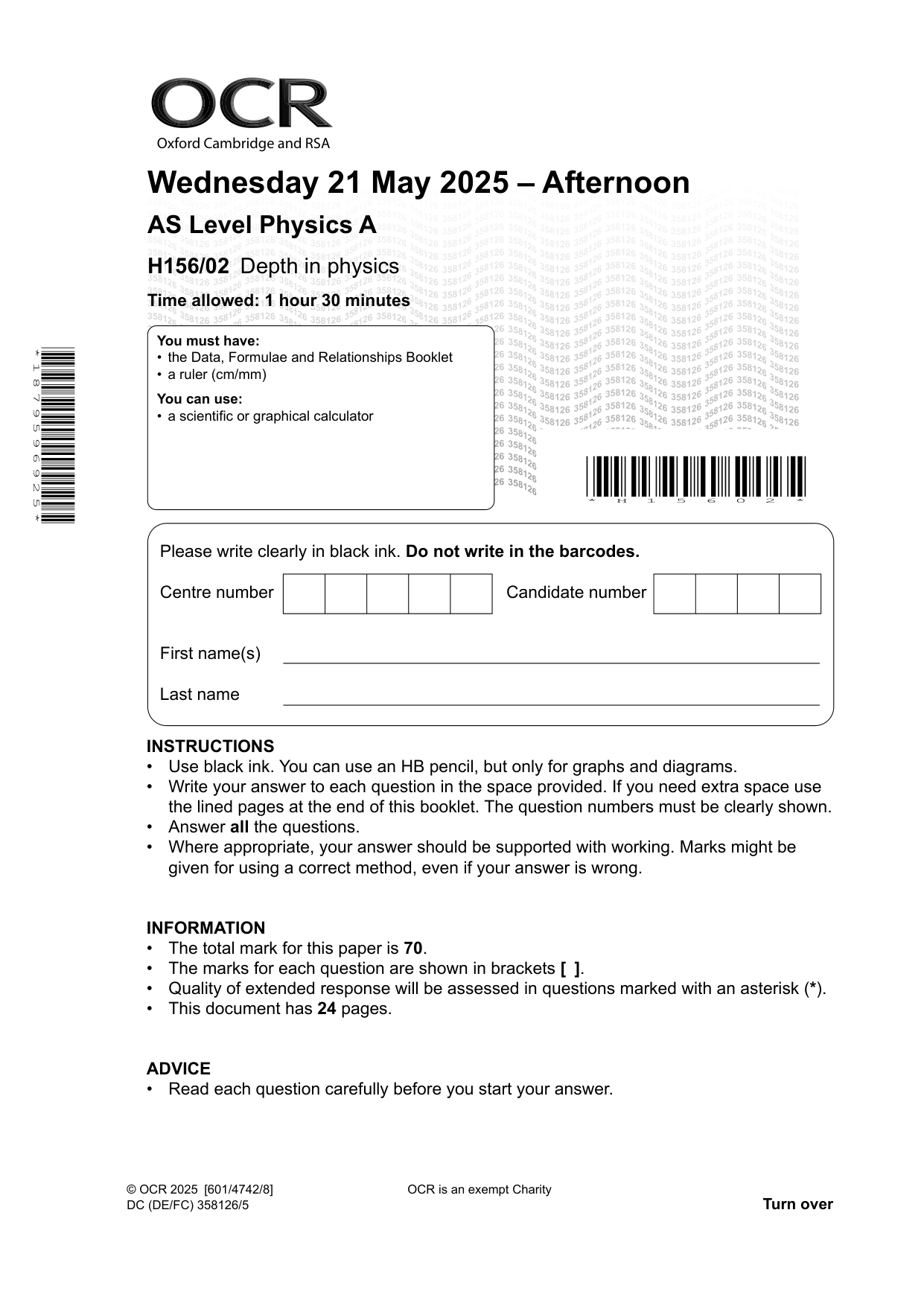 OCR AS Physics A Paper 2 2025 Question Paper